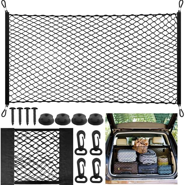 HavaCue Gepäcknetz Auto, 110 X 60cm Kofferraum Netz Erstreckt Sich auf 140 X 100cm mit 30 X 25cm Kofferraum Netztasche, Gepäcknetz Wohnmobil mit 4 Kofferraumnetz Stahlkarabiner+4 ABS Haken Angebot bei HelloDeals