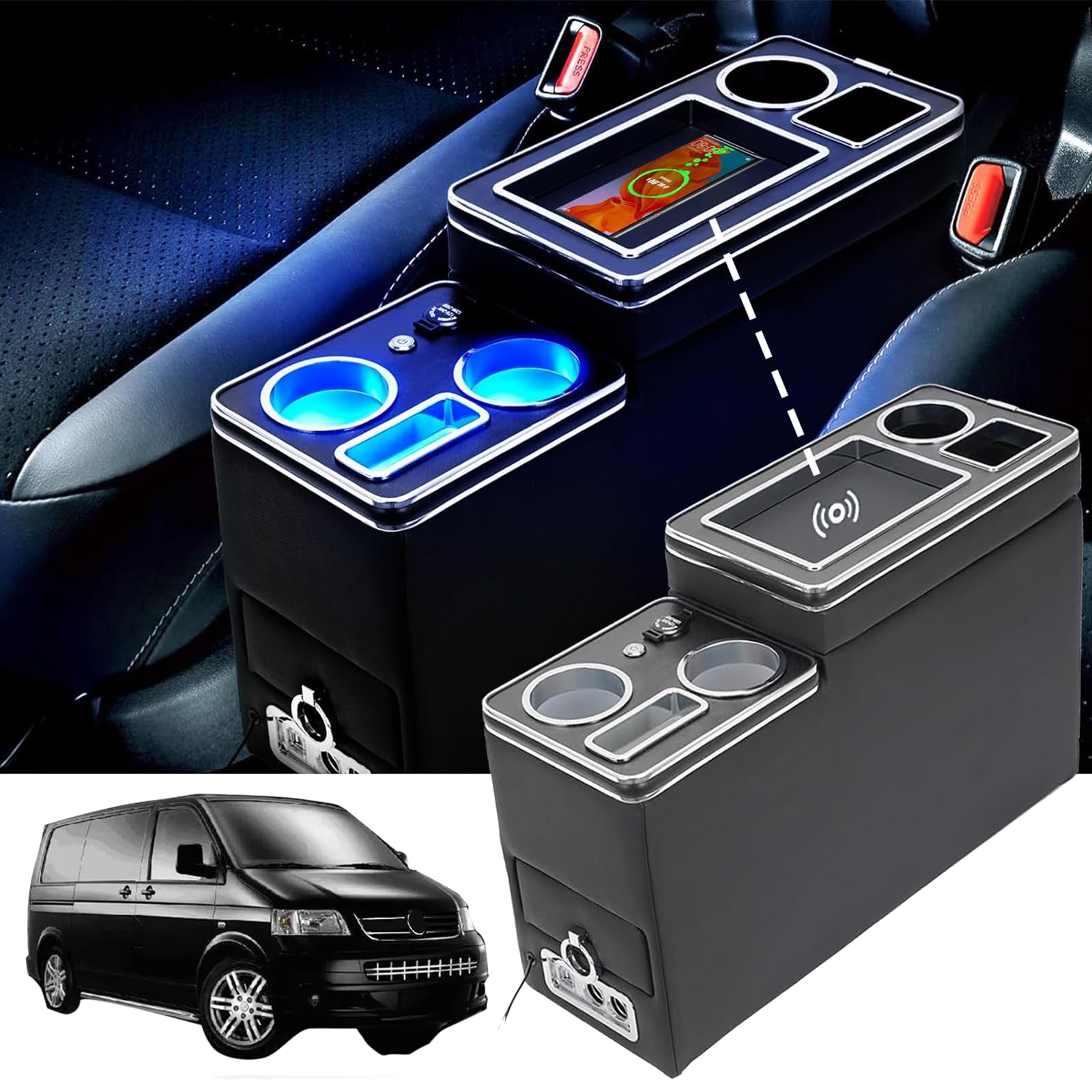 QSULNN Upgrade Mittelkonsole mit Ablagen Staufach Kompatibel mit VW T4 T5 T6 T6.1 T7 Alle Modelle ab 2003-2019, Schwarz Leder Zubehör mit Kabellosem Induktivem Laden, USB- und LED-Leuchten Kabelloses Laden Angebot bei HelloDeals
