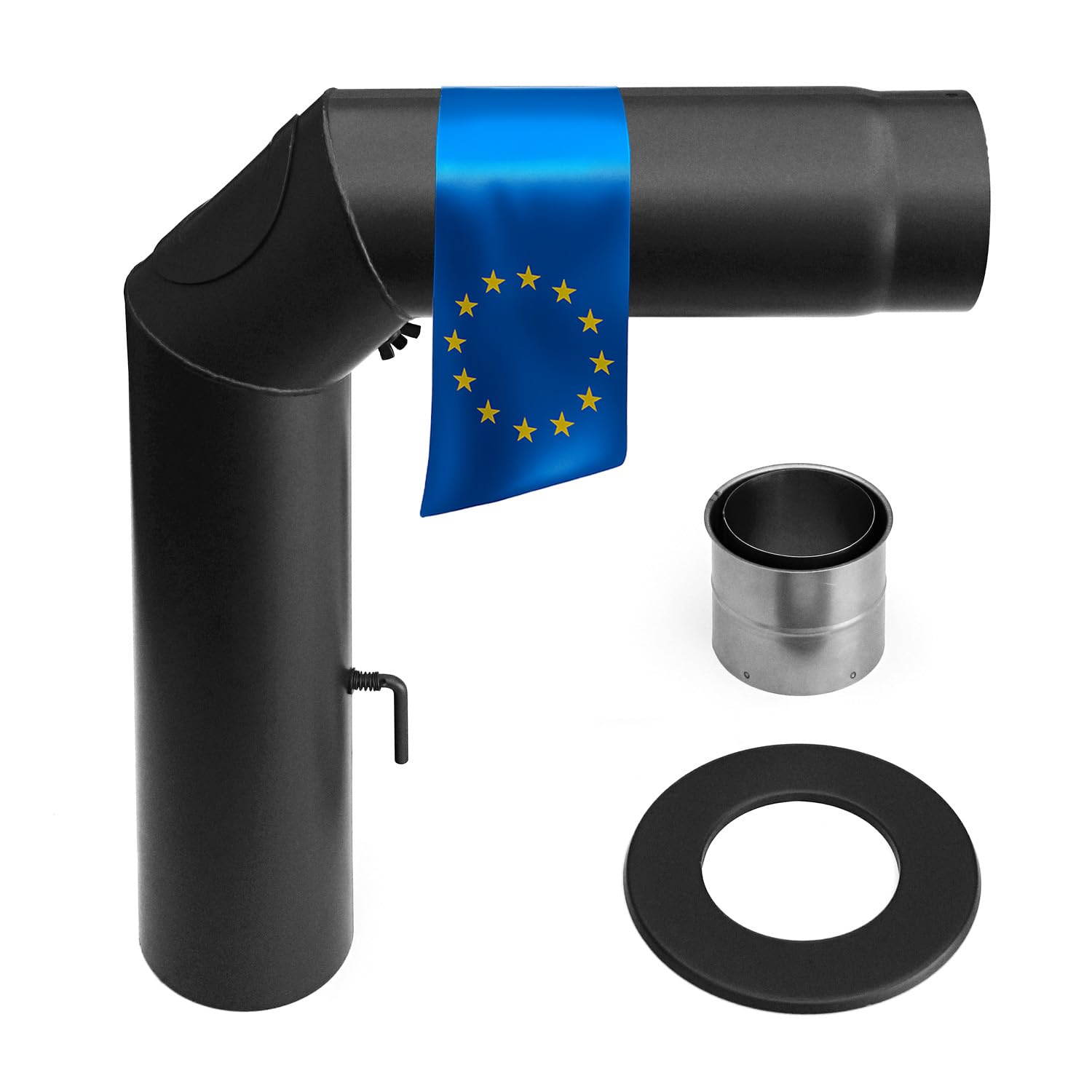 Raik Rauchrohr Ofenrohr Set 150 mm schwarz 90 Grad Bogen dreiteilig mit Zugregulierung und Reinigungsöffnung inkl. Doppelwandfutter und Wandrosette 2 mm Stahl Senotherm Lackierung bis 600 Grad Angebot bei HelloDeals