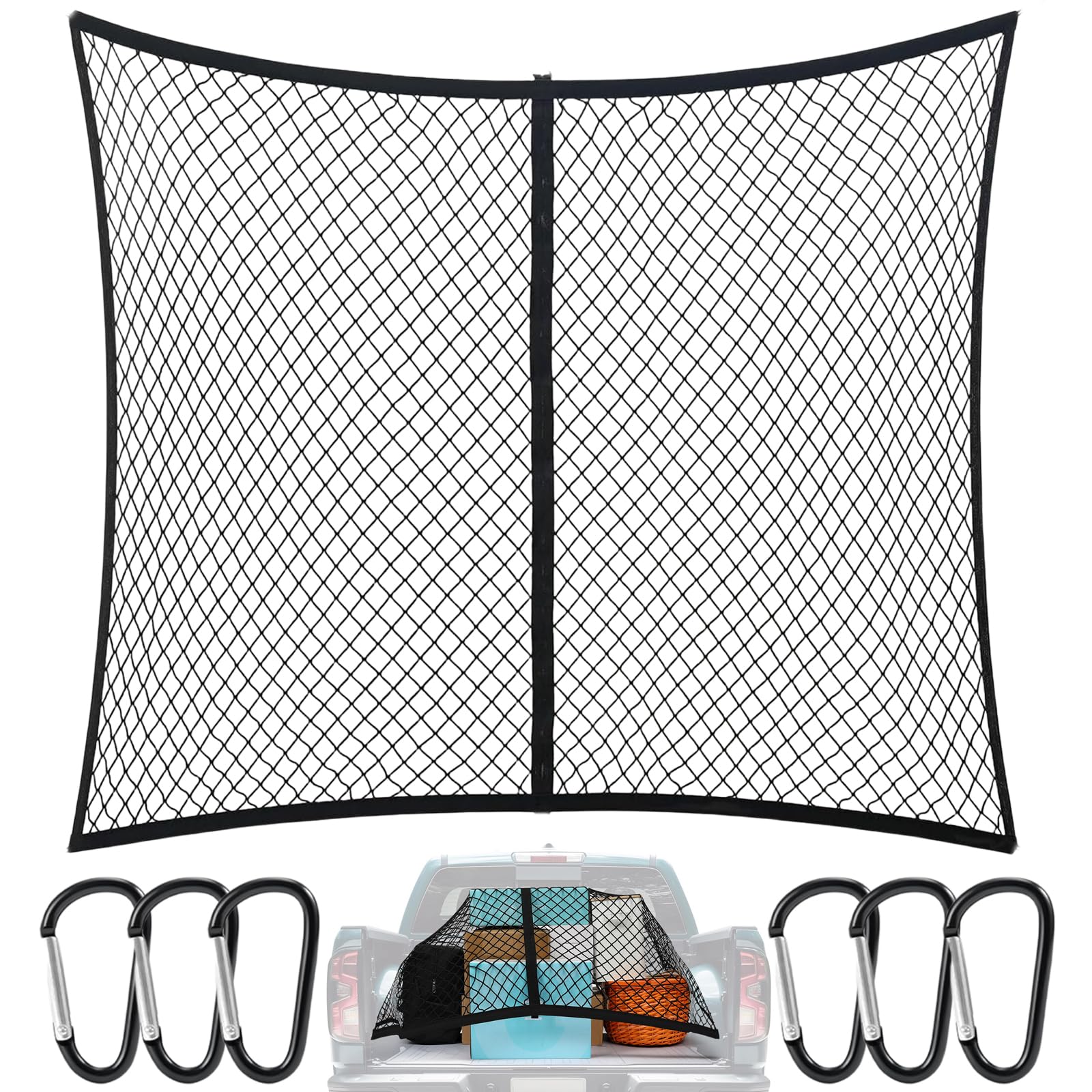 Hochelastisches Gepäcknetz 120x120cm (Max. 210x210cm Dehnbar), LKW-Bett-Organizer mit 6 Stahlkarabinern für Große SUVs Transporter Busse Vans • Ladungssicherung Einlagige(Einlagig) Angebot bei HelloDeals