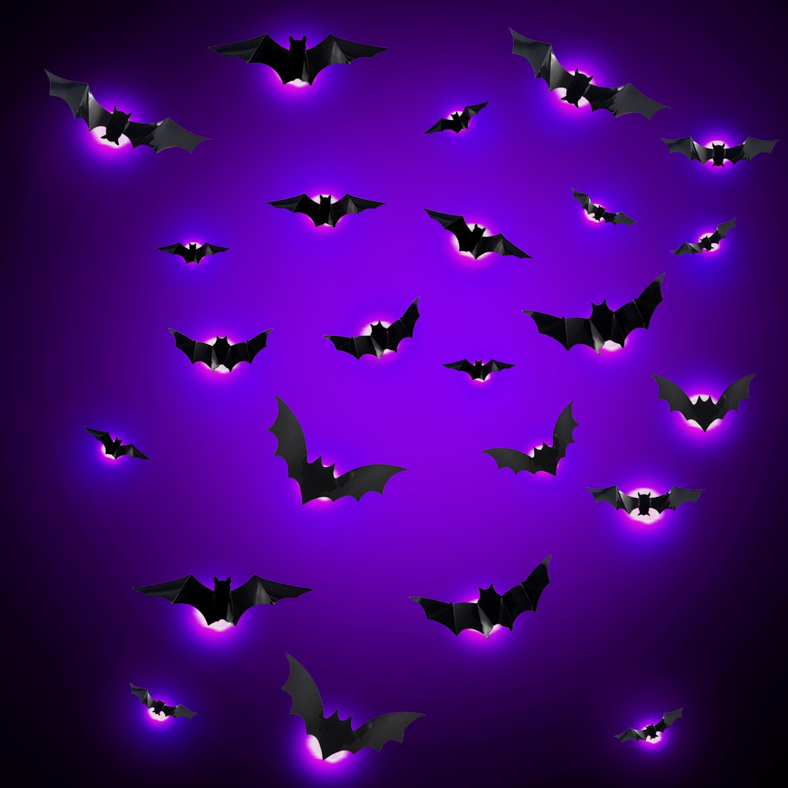 Halloween Deko, 24 Stück LED Lila Fledermaus Deko, Wandaufkleber 3D Halloween Deko Outdoor Innen Beleuchtung Lampen, Garten Dekorations, Party Deko Sticker für Fenster Tür Wand Angebot bei HelloDeals