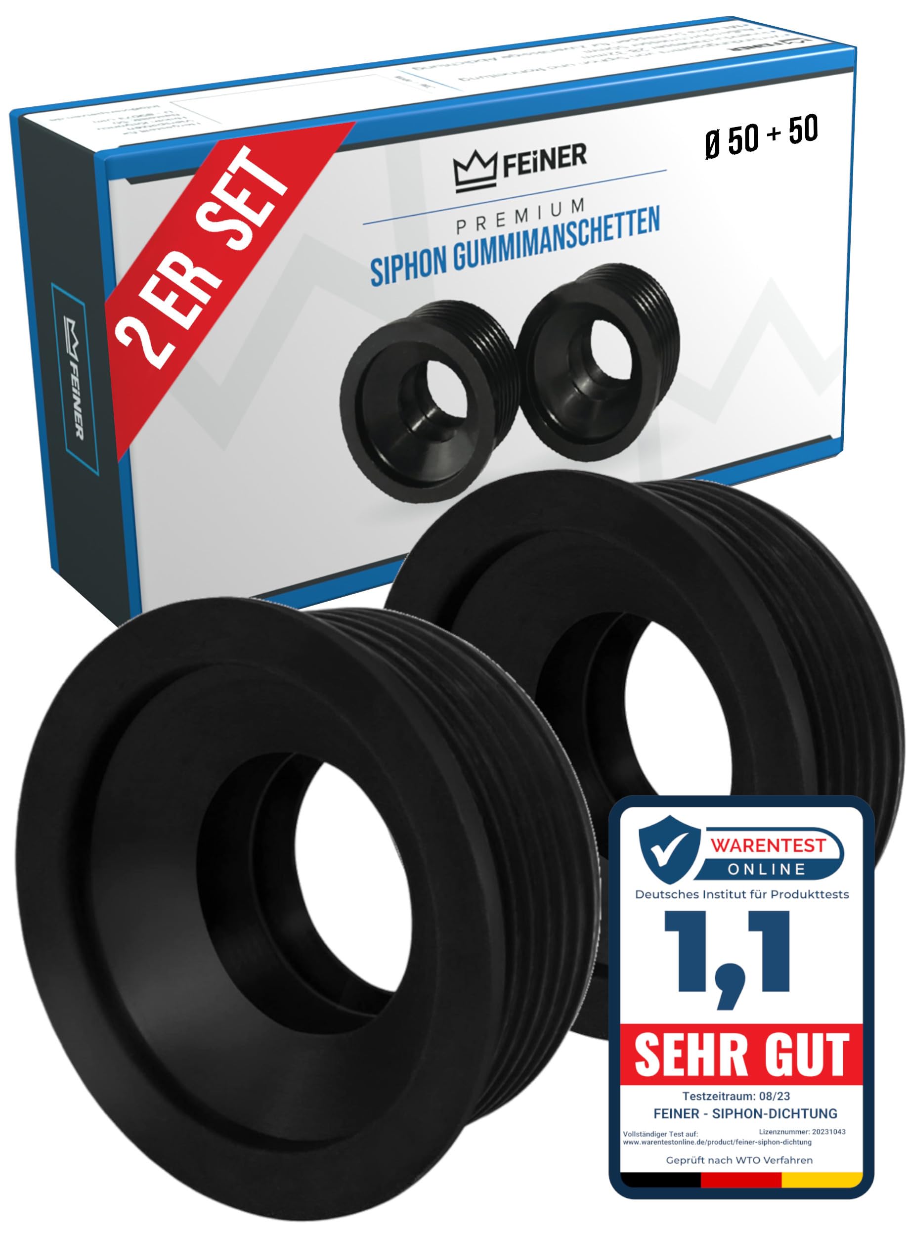 FEINER® [ 2er SET ] Siphon - Gummimanschette 50 32 außen Ø 50mm x innen Ø 28-32mm Gummimanschetten - Siphon Dichtung Waschbecken-Ablauf, Anschluss an DN 50 HT Ablauf Rohre und Siphonbogen 50 + 50 mm Angebot bei HelloDeals