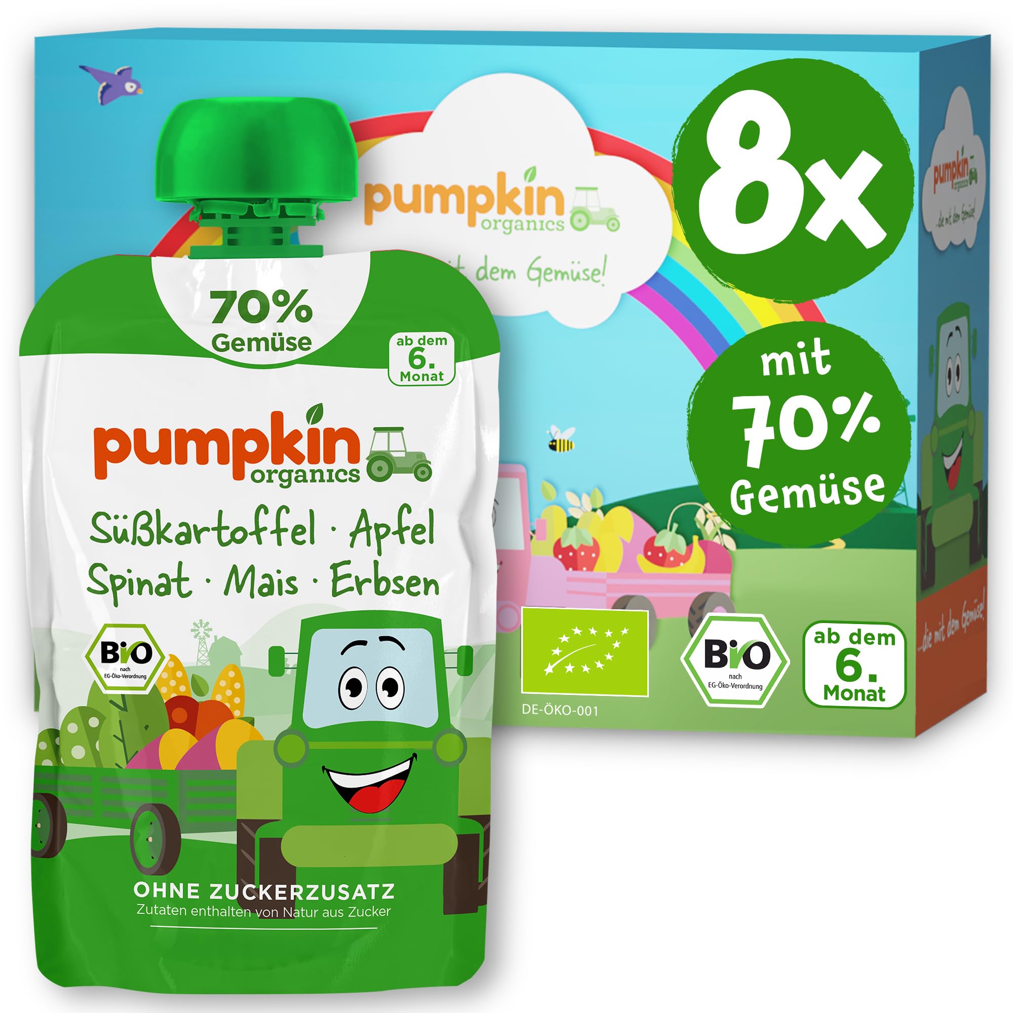 Pumpkin Organics Bio Gemüse-Quetschies 8er Pack Süßkartoffel, Apfel, Spinat, Mais, Erbsen ohne Zuckerzusatz¹ - ab dem 6. Monat - als Snack oder Beikost für unterwegs - glutenfrei (8x100g) Angebot bei HelloDeals