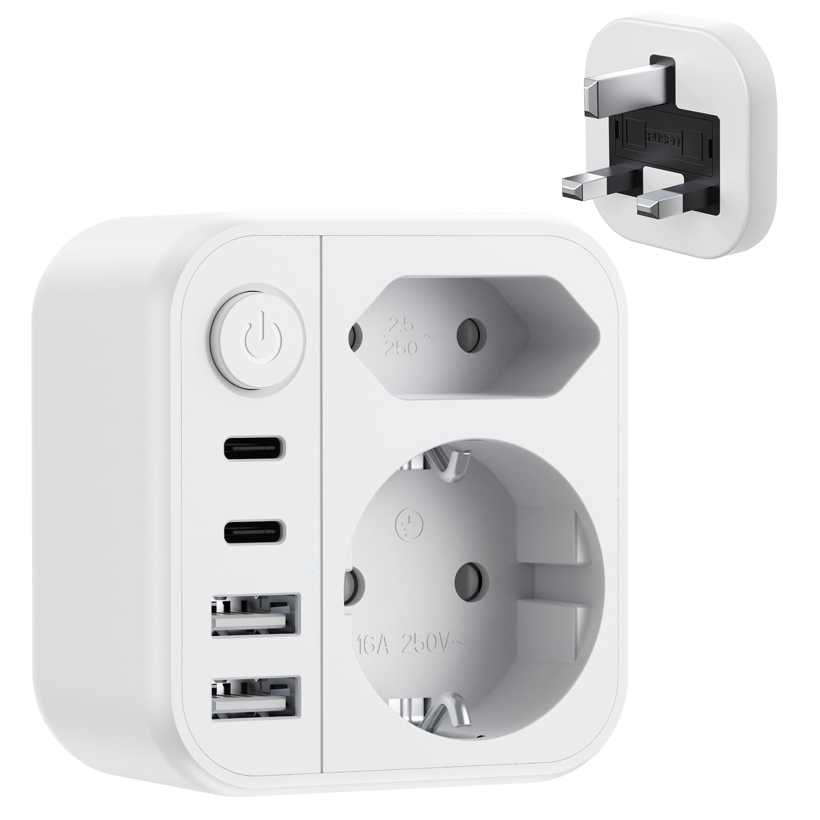 Dalimee Reiseadapter UK Typ G, 7 in 1 Adapter England Deutschland Stecker mit 2 AC Schuko (Typ C/E/F), 2*USB-C, 2*USB-A und Netzschalter, UK Adapter für EU zu England, Schottland, Irland, Dubai Weiß-EU to UK Angebot bei HelloDeals
