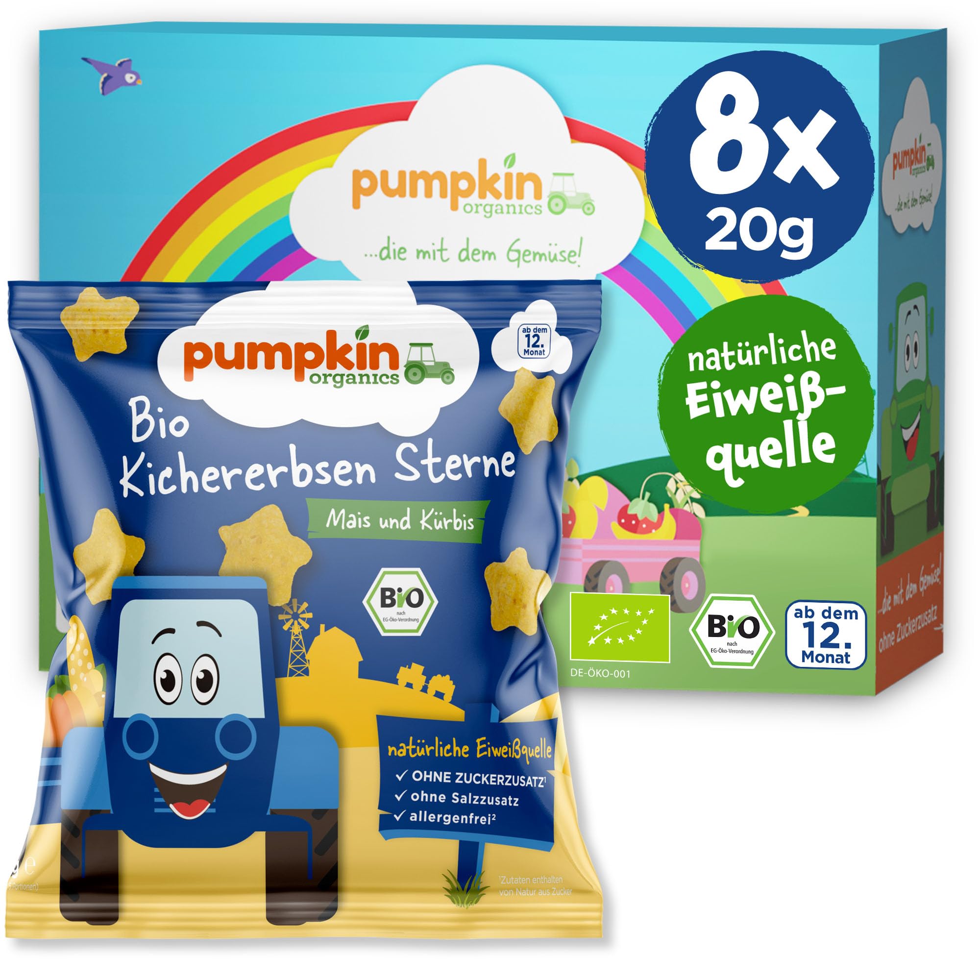 Pumpkin Organics Kindersnack Bio Kichererbsen Sterne Mais und Kürbis (8er Pack) Baby Snacks ohne Zusatzstoffe ab dem 12. Monat - allergenfreie² und glutenfreie² Knuspersnacks für Kinder (8x20g) Bio Kichererbsen Sterne mit Mais & Kürbis Angebot bei HelloDeals