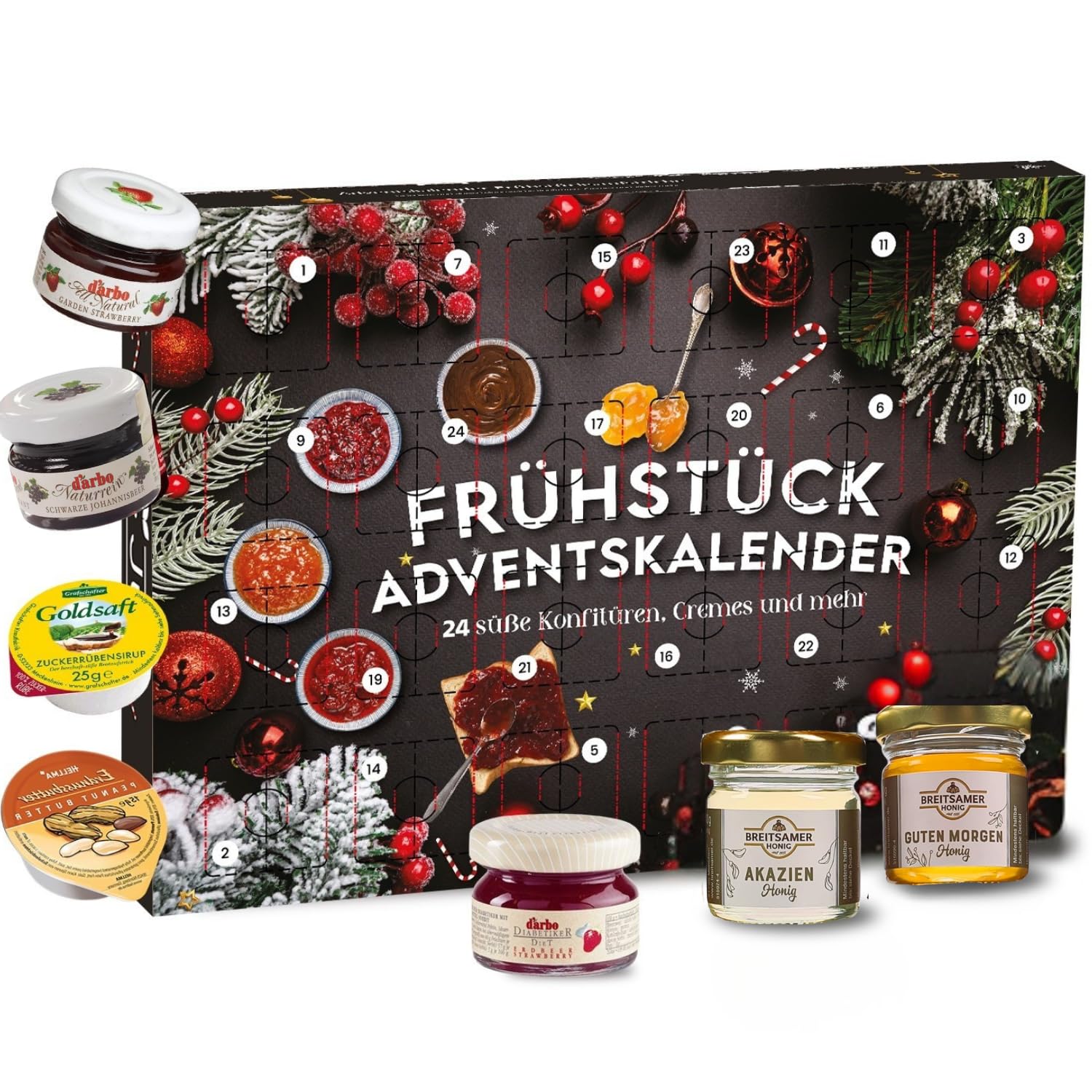 Frühstück Adventskalender 2025 mit 24 leckeren Marmeladen und Honig in Portionsgrößen, Weihnachtskalender mit süßen, abwechslungsreichen Frühstücksaufstrichen Geschenkset Angebot bei HelloDeals