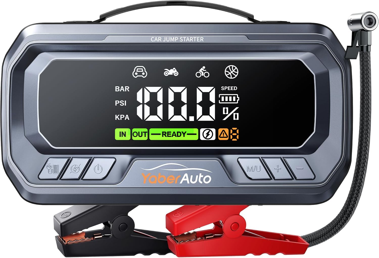 YaberAuto Starthilfe Powerbank mit Kompressor, 160PSI 6500A Jump Starter, PD 65W Auto Starthilfe für All Benzin und 12.0L Dieselmotor, Starthilfe mit 600 Lumen Notlicht und 3.3" LCD Bildschirm Angebot bei HelloDeals