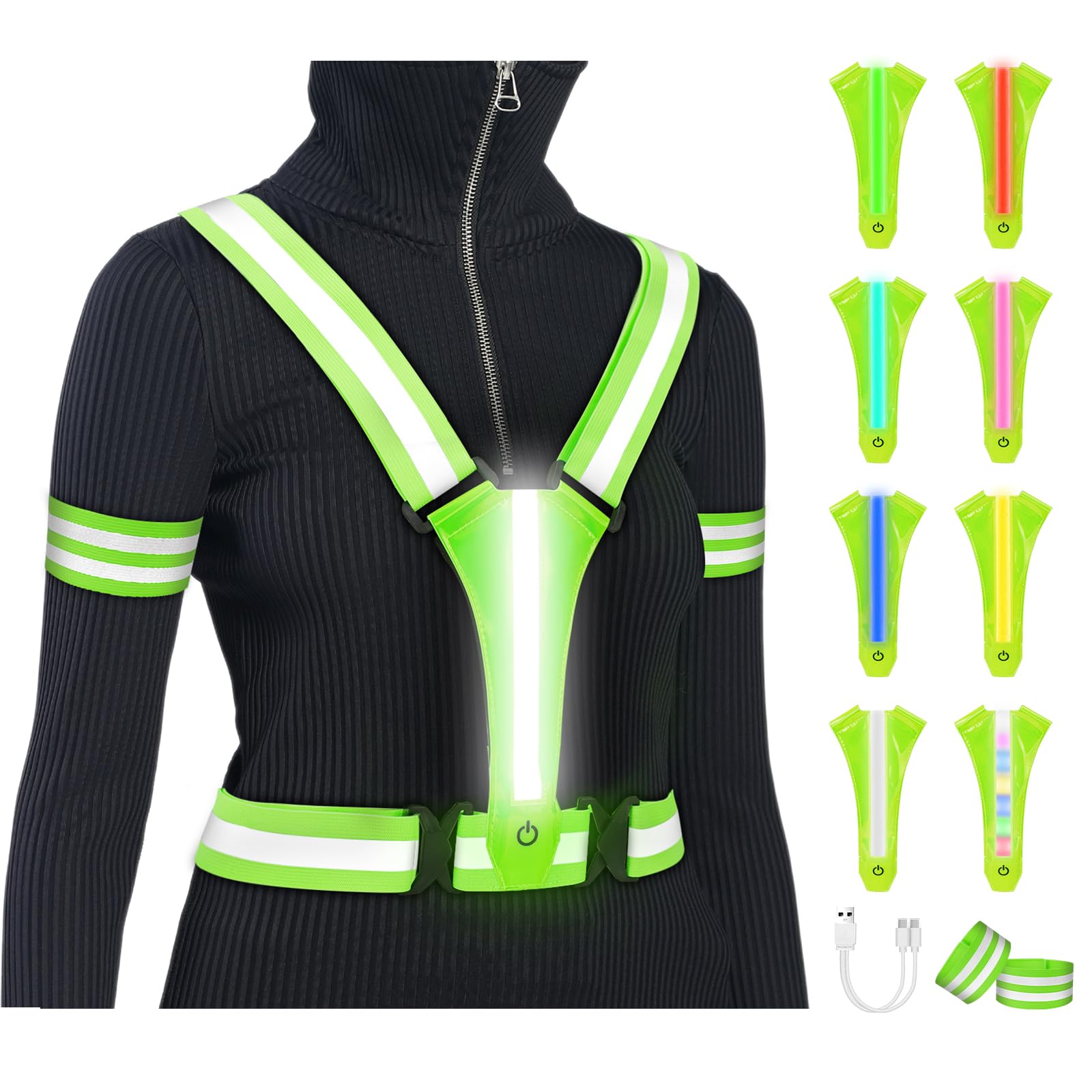 Adiwo 8 Farben LED Sicherheitsweste, Wiederaufladbar Reflektierende Warnweste mit 2 Reflektorbündchen, Damen Herren Kinder Einstellbar Warnweste Reflektorweste für Fahrrad Motorrad Joggen, Grün LED-Licht-grün Angebot bei HelloDeals