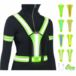 Adiwo 8 Farben LED Sicherheitsweste, Wiederaufladbar Reflektierende Warnweste mit 2 Reflektorbündchen, Damen Herren Kinder Einstellbar Warnweste Reflektorweste für Fahrrad Motorrad Joggen, Grün LED-Licht-grün Angebot bei HelloDeals