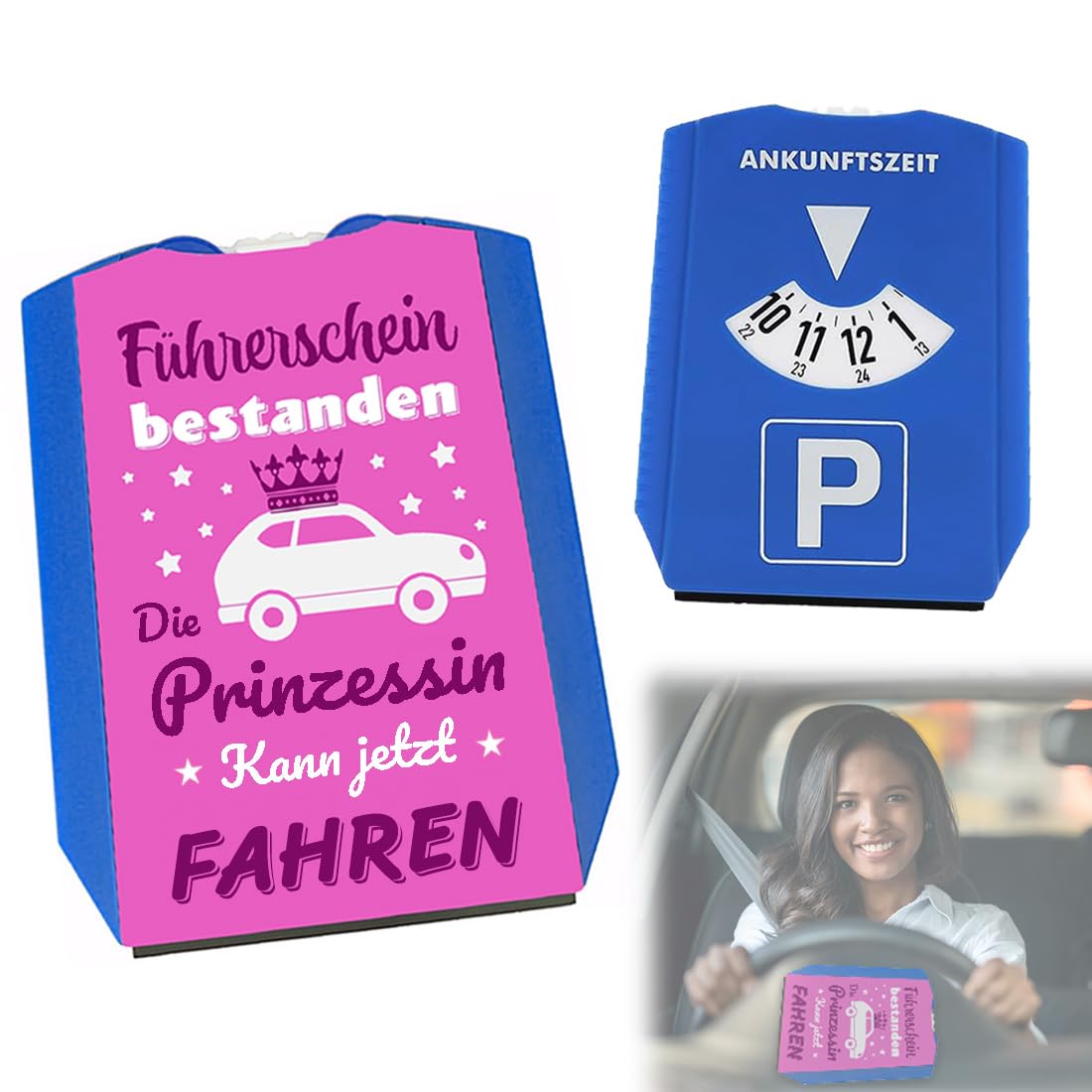 Parkscheibe aus Plastik, Prinzessin Parkscheibe mit Spruch Führerschein bestanden Auto-Zubehör für volljährige Fahrer Vermeide Strafzettel beim Parken Frauen Pink Mädchen Angebot bei HelloDeals