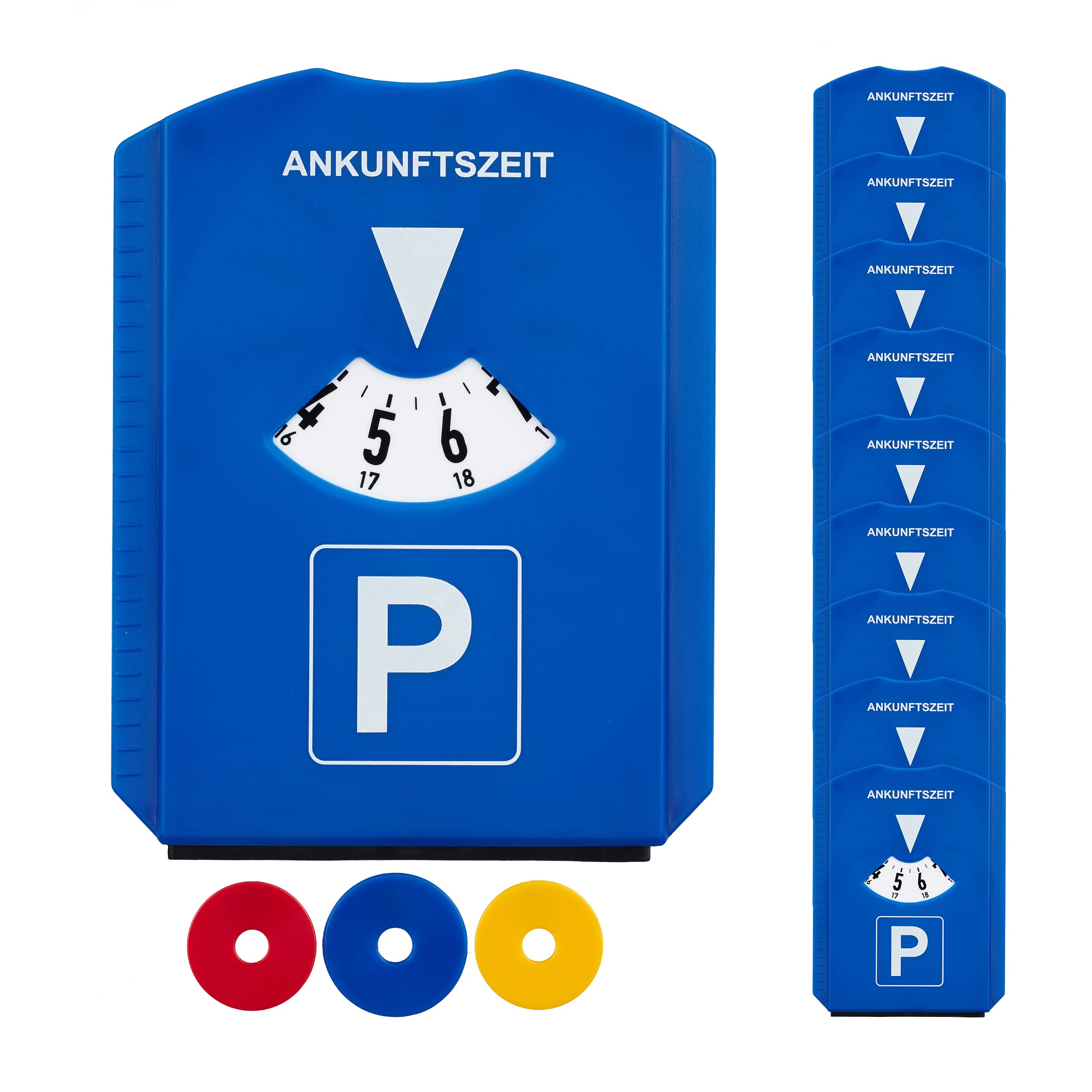Relaxdays Parkscheibe 10er Pack, Eiskratzer, 3 Einkaufswagenchips, Gummilippe, Parkuhr Auto, StVO, Kunststoff, blau Angebot bei HelloDeals