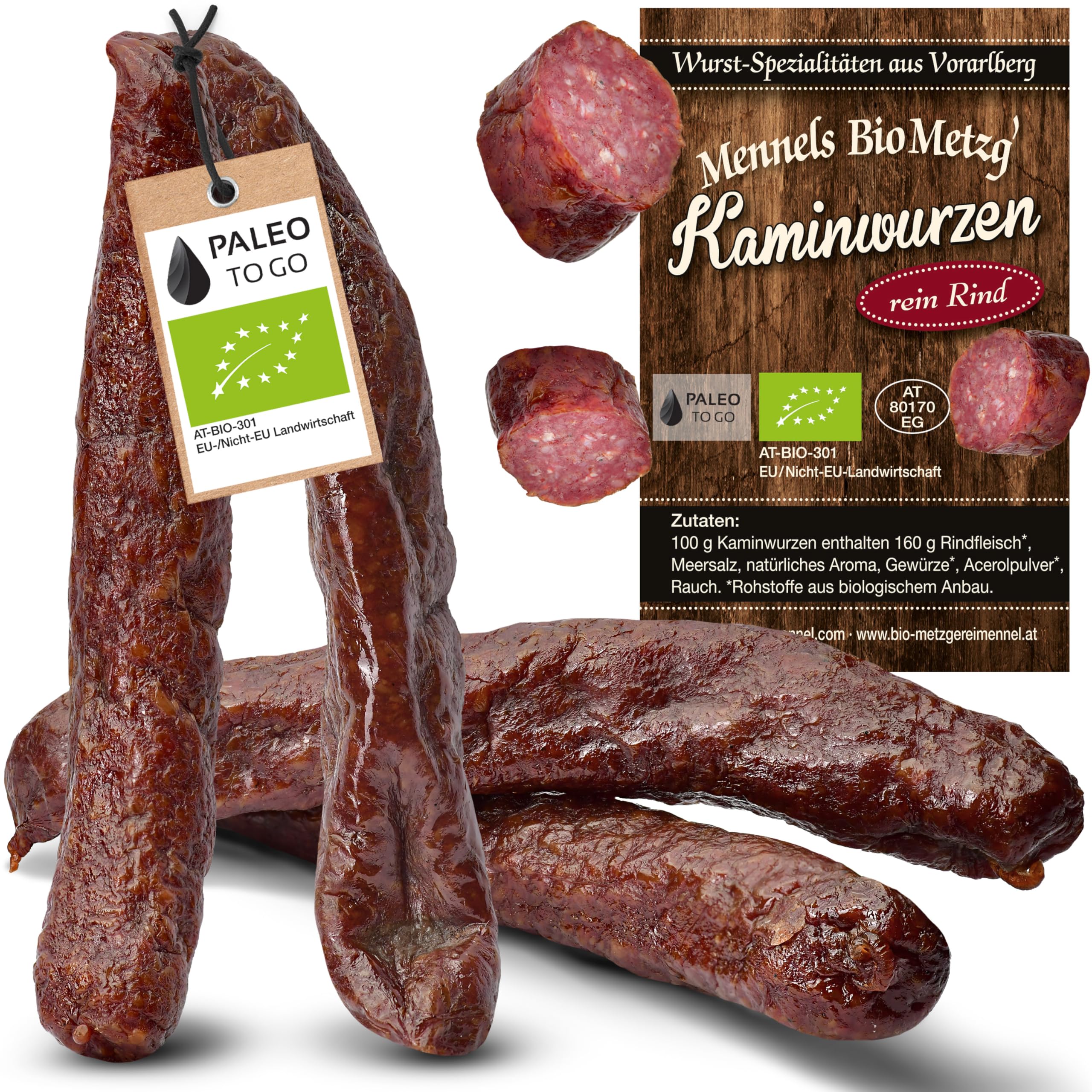 BIO Rind Kaminwurzen – Rinder Rohwurst, zuckerfrei, glutenfrei – Protein Snack aus 100% Bio-Rindfleisch – Eiweißreiche Mettwurst, trocken & handgemacht – 4 Stück (1er Pack (4 Stück)) Angebot bei HelloDeals