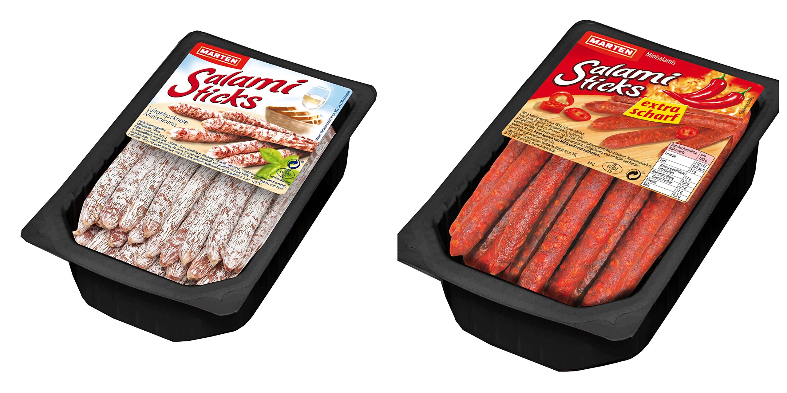 Marten Salami Sticks 300g (Mix 1xscharf & 1xnormal) Gewürze Mix 1x scharf & 1x normal Angebot bei HelloDeals