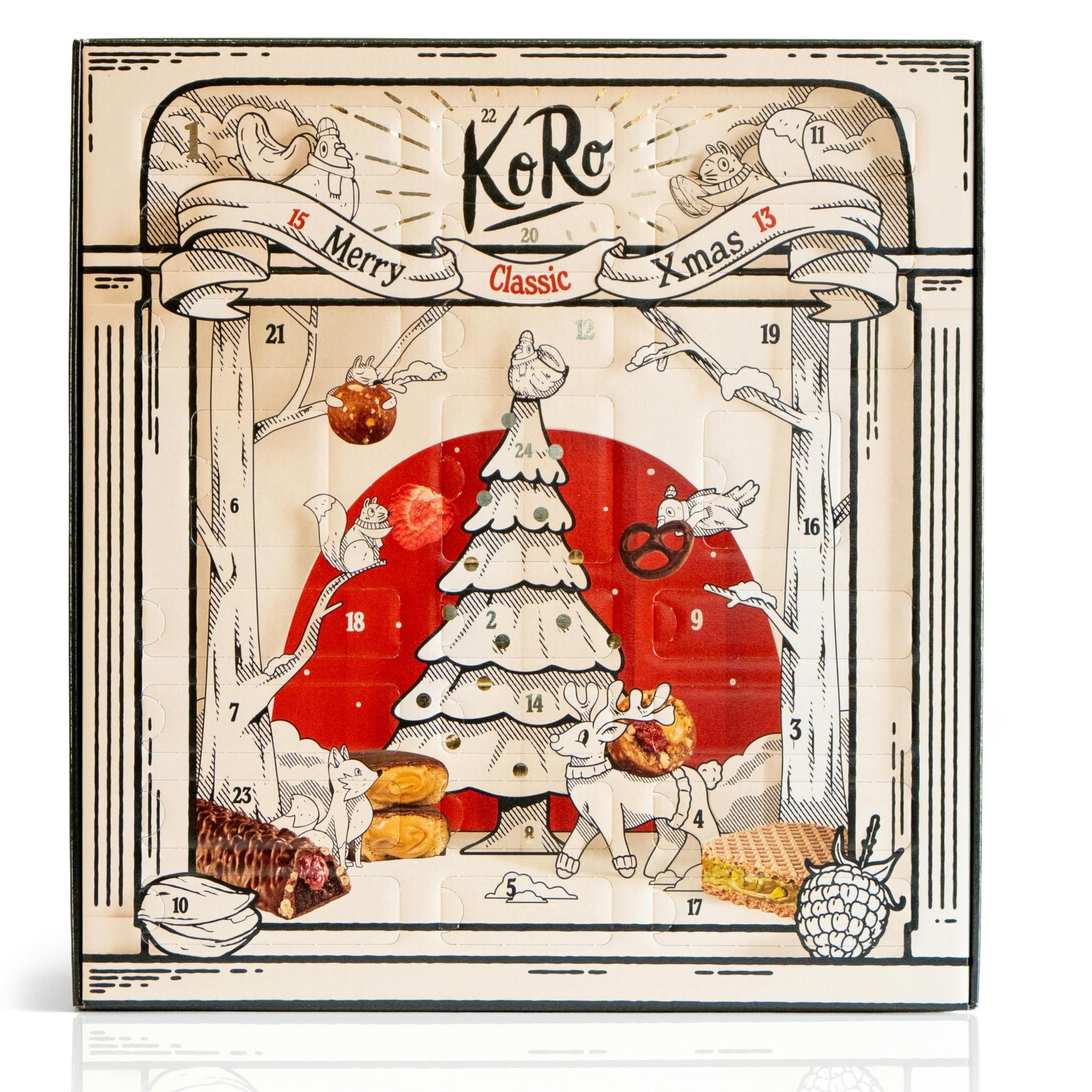 KoRo - Classic Adventskalender 2025-24 Überraschungen - Süße, fruchtige und nussige Snacks - Liebevolles Design Angebot bei HelloDeals