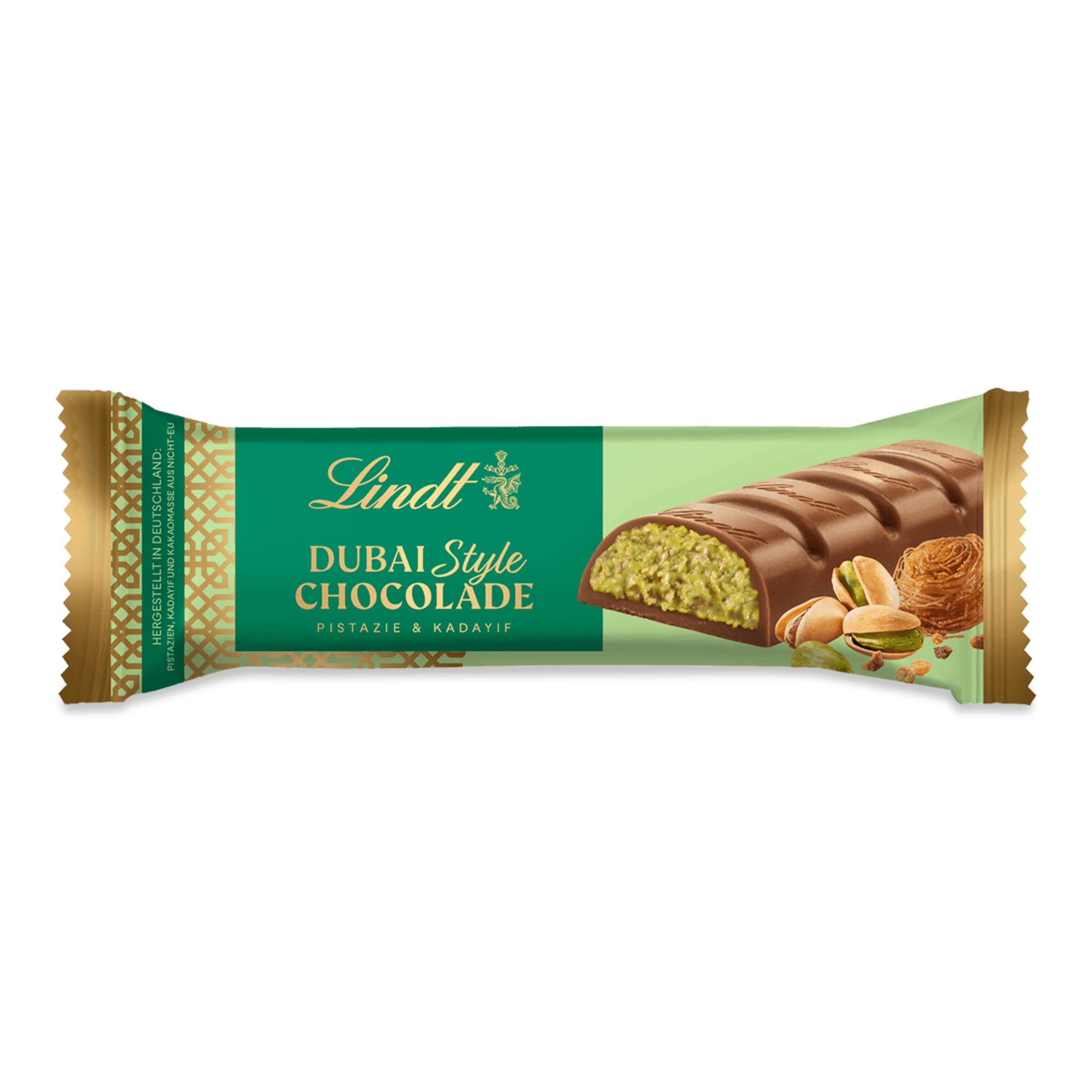 Lindt Dubai Style Riegel | 40g Riegel | Feinste Vollmilch-Chocolade mit feinster Pistazienmark, Pistazien- und Mandelkrokant und knuspriger Kadayif Füllung | Schokoladenriegel | Schokoladengeschenk Angebot bei HelloDeals