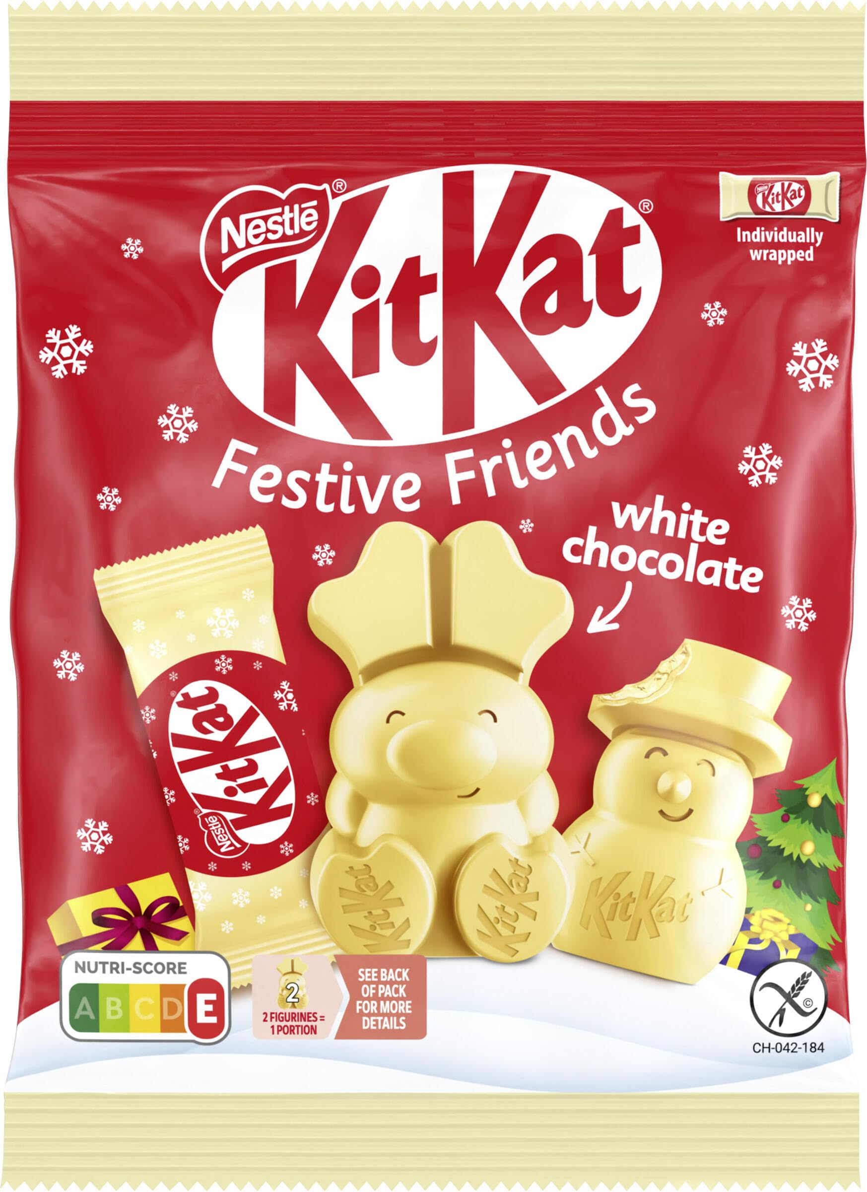 NESTLÉ KITKAT Festive Friends White, Mini-Weihnachtsfiguren aus weißer Schokolade, kleines Geschenk zu Weihnachten mit Knusperstückchen, 1er Pack (1 x 65g) Angebot bei HelloDeals