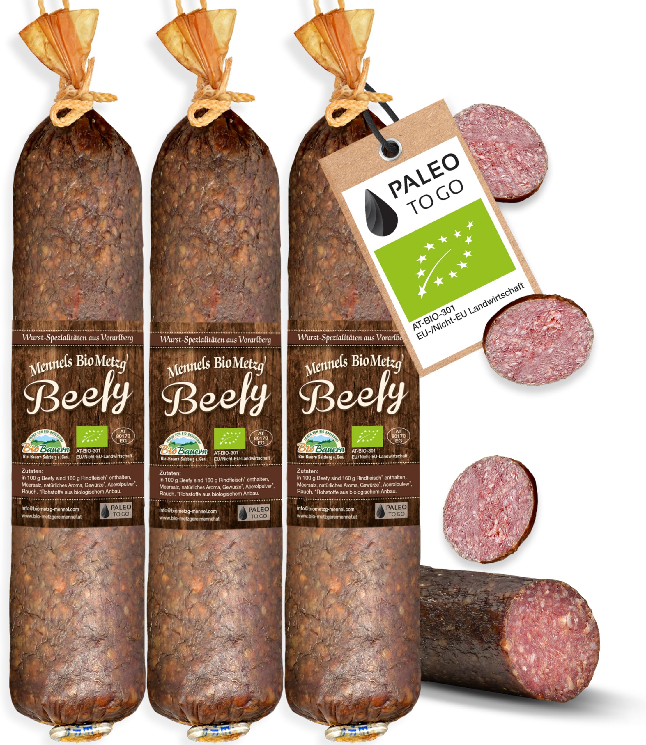 PALEO TO GO Beefy Salami [100% BIO] – High Protein Snack, Rindersalami Sticks – Luftgetrocknete Bio Wurst, Low Carb Eiweiß Snack – 3 Stück Salami Snack ohne Konservierungsstoffe Angebot bei HelloDeals