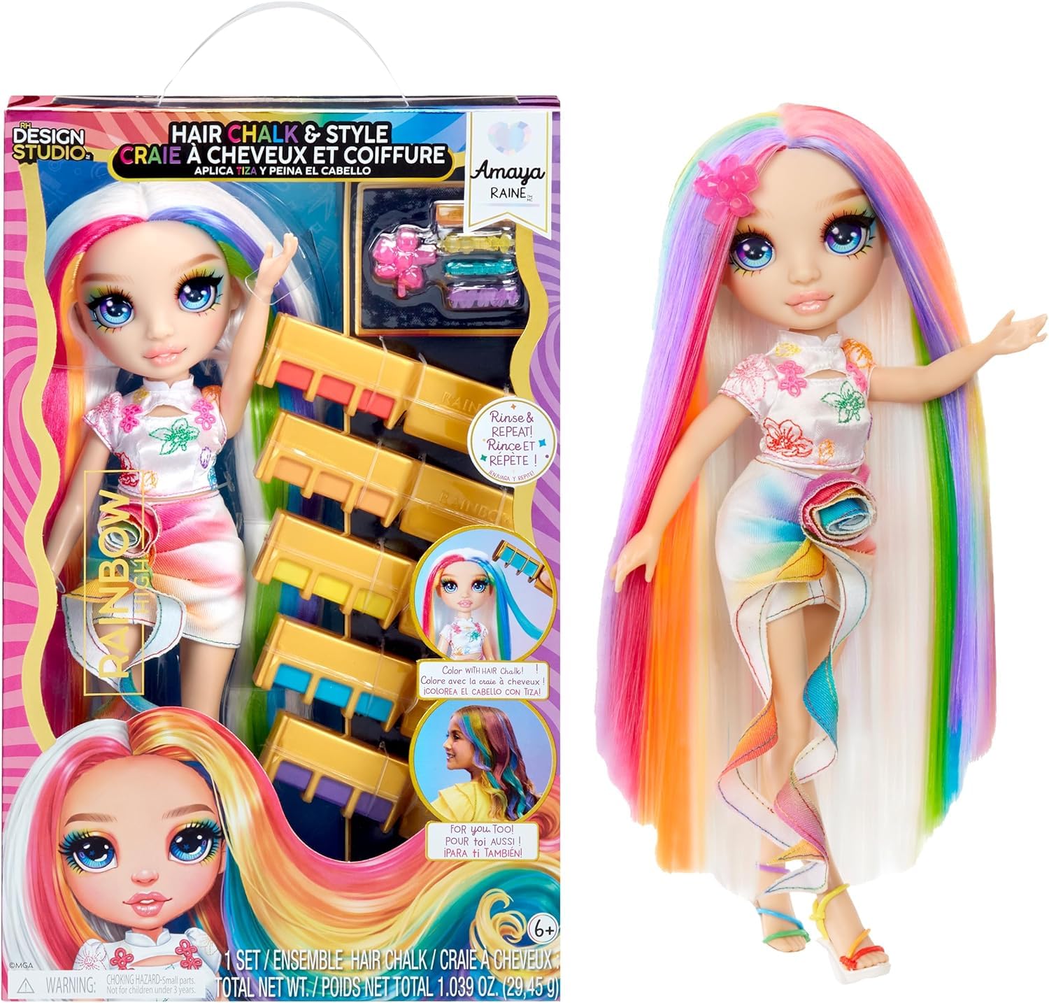 Rainbow High Hair Chalk & Style Doll - Amaya - 28 cm Puppe in Regenbogenfarben, Auswaschbare Haarkreide, Färben, Stylen, Spielen, Ausspülen & Wiederholen, für Kinder von 4 bis 12 Jahre Angebot bei HelloDeals