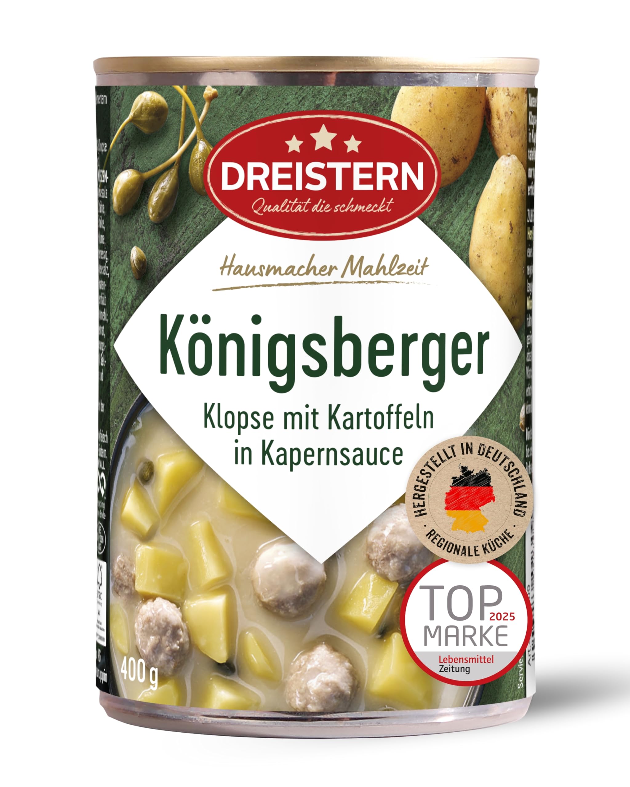 DREISTERN Königsberger Klopse 400g I Mit Kartoffeln in Sauce I Herzhaftes Fertiggericht in recyclebarer Konservendose I Lange Haltbarkeit dank natürlicher Konservierung I Hausmacher Qualität 400 g (1er Pack) Angebot bei HelloDeals