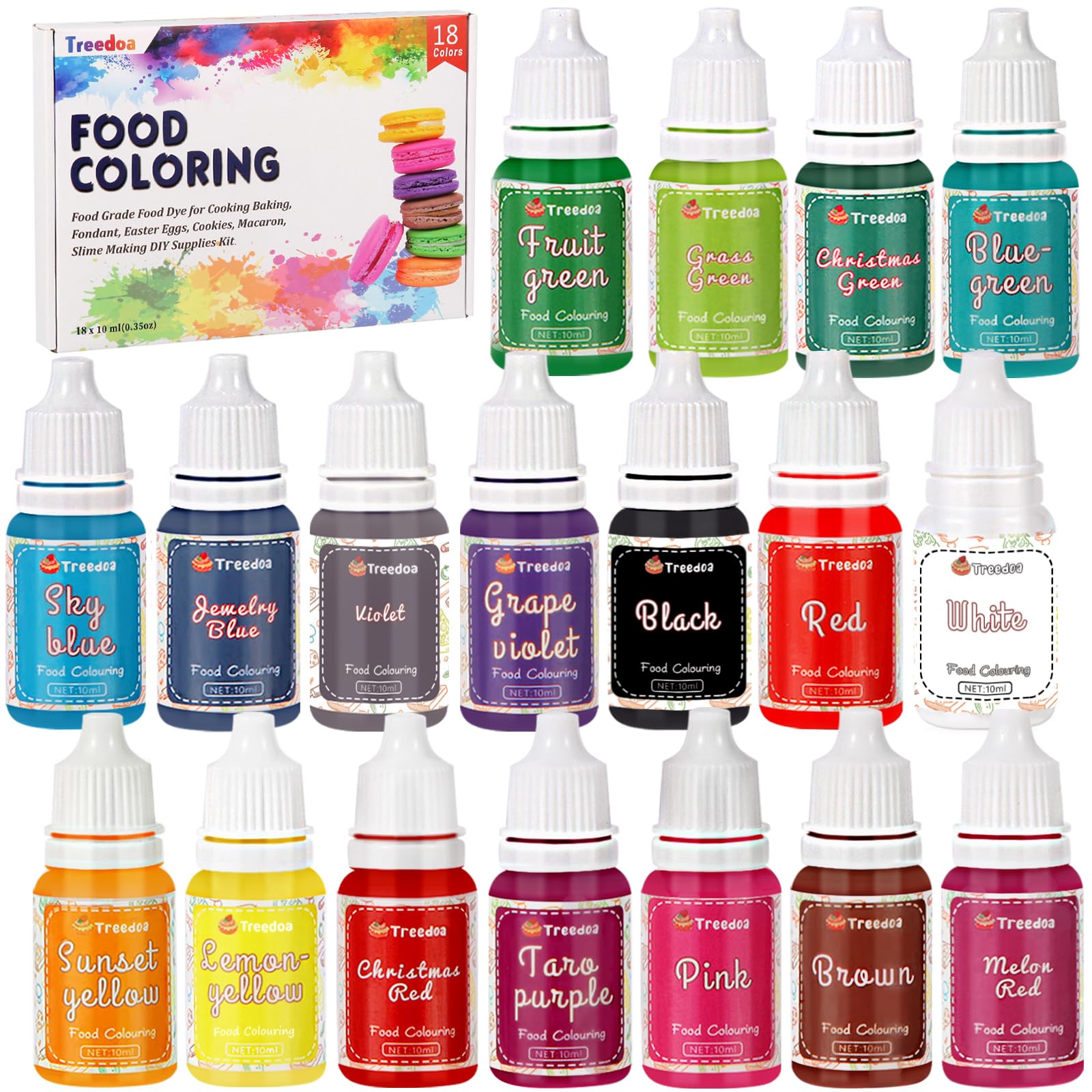 Lebensmittelfarbe Flüssige Set,18 Farben x 10ml Lebensmittel Farben,Hochkonzentriert Lebensmittelfarbstoff für Kuchen Backen,Kekse,Macaron,Tortendeko,Osterei,Fondant,Teig,DIY Slime,Seifen,Backzubehör Angebot bei HelloDeals