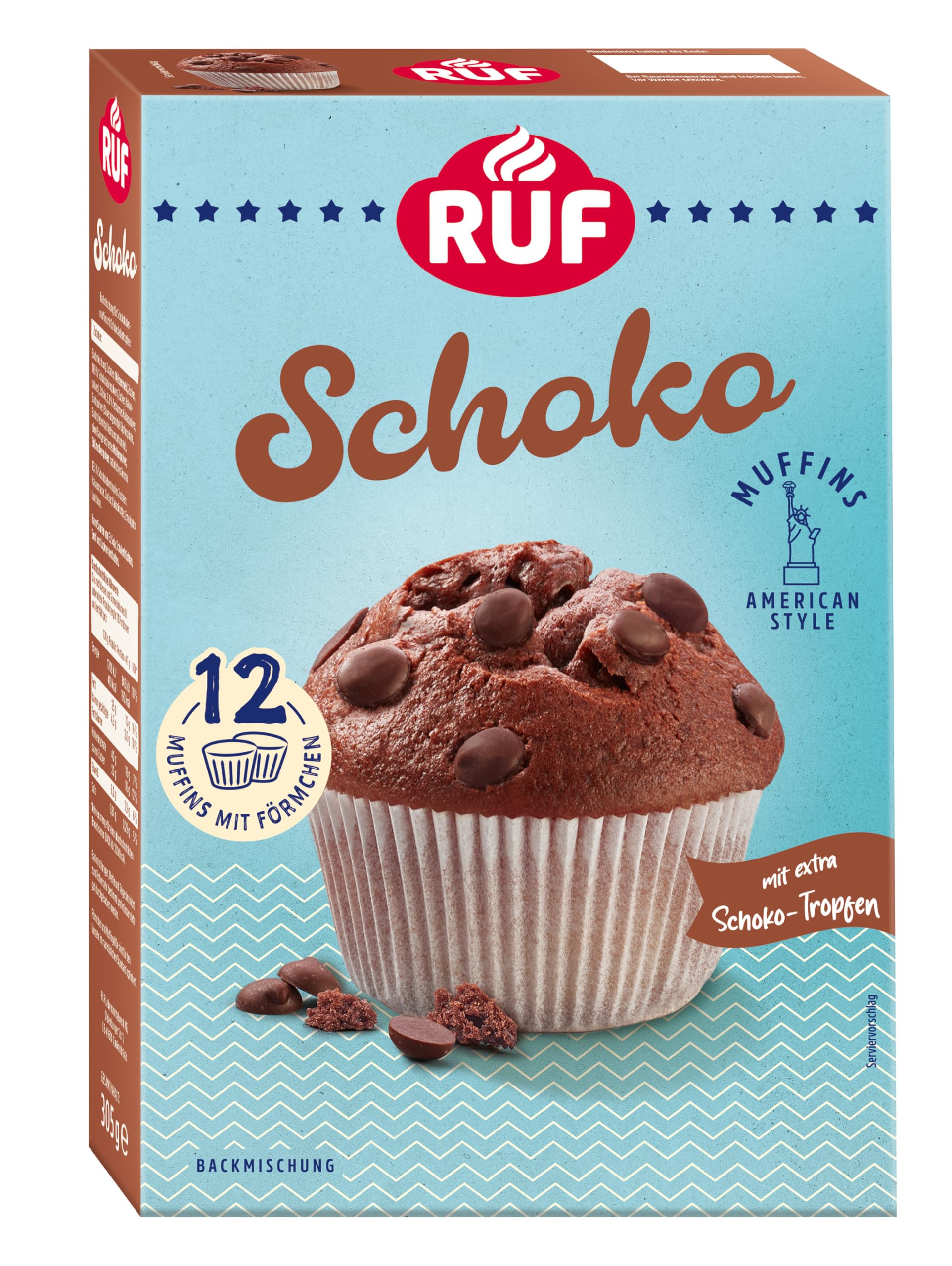 RUF Schoko-Muffins Backmischung, schokoladige American Style Muffins mit Schockoflocken, einfache Zubereitung, 12 Muffin-Förmchen inklusive Schoko 305 g (1er Pack) Angebot bei HelloDeals