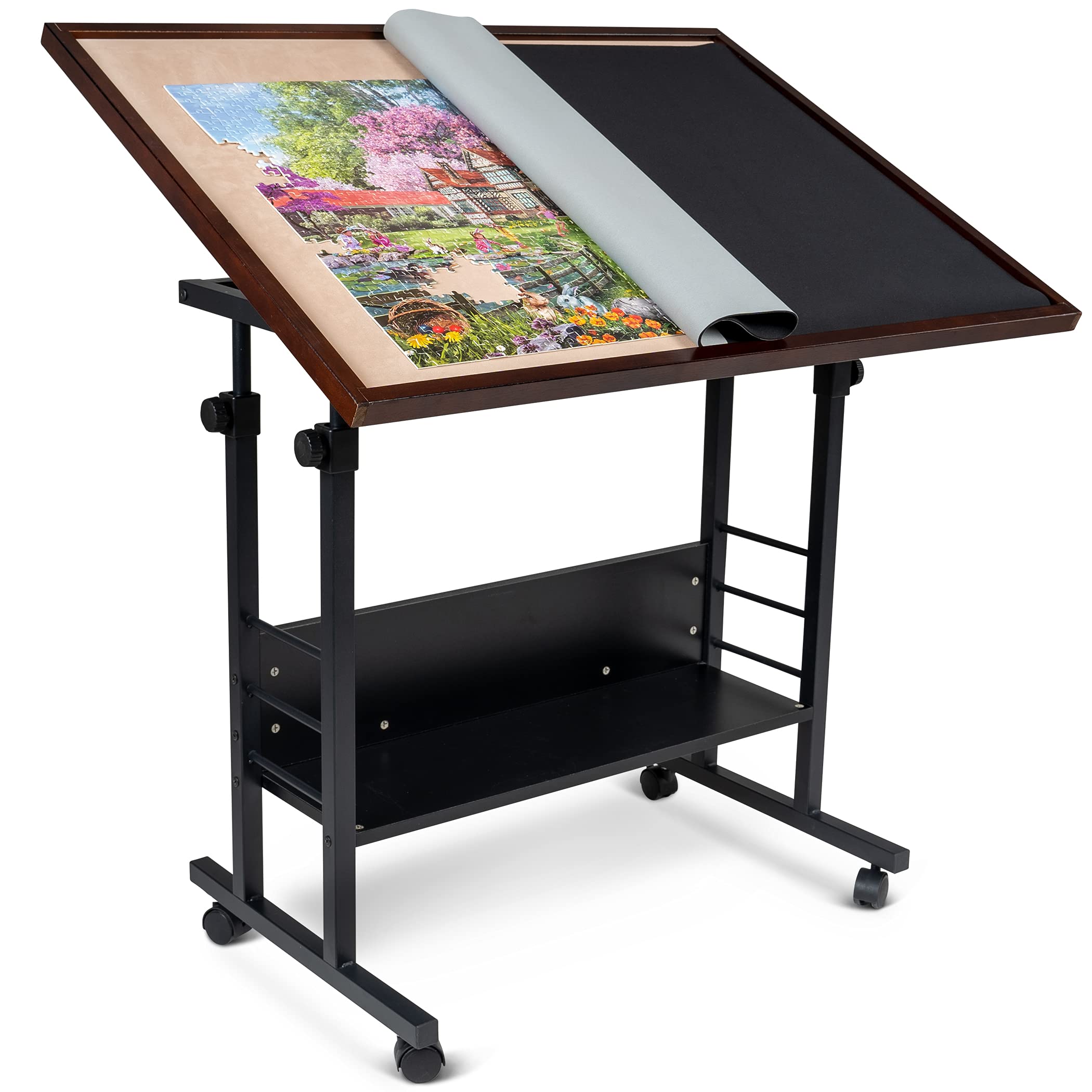 Becko US Jigsaw Puzzle Table Puzzle Board with Cover Puzzle Easel Tilting Table with Height Adjustment for Up to 1500 Pieces, Enclosed with 4 Wheels (Brown) Braun Angebot bei HelloDeals