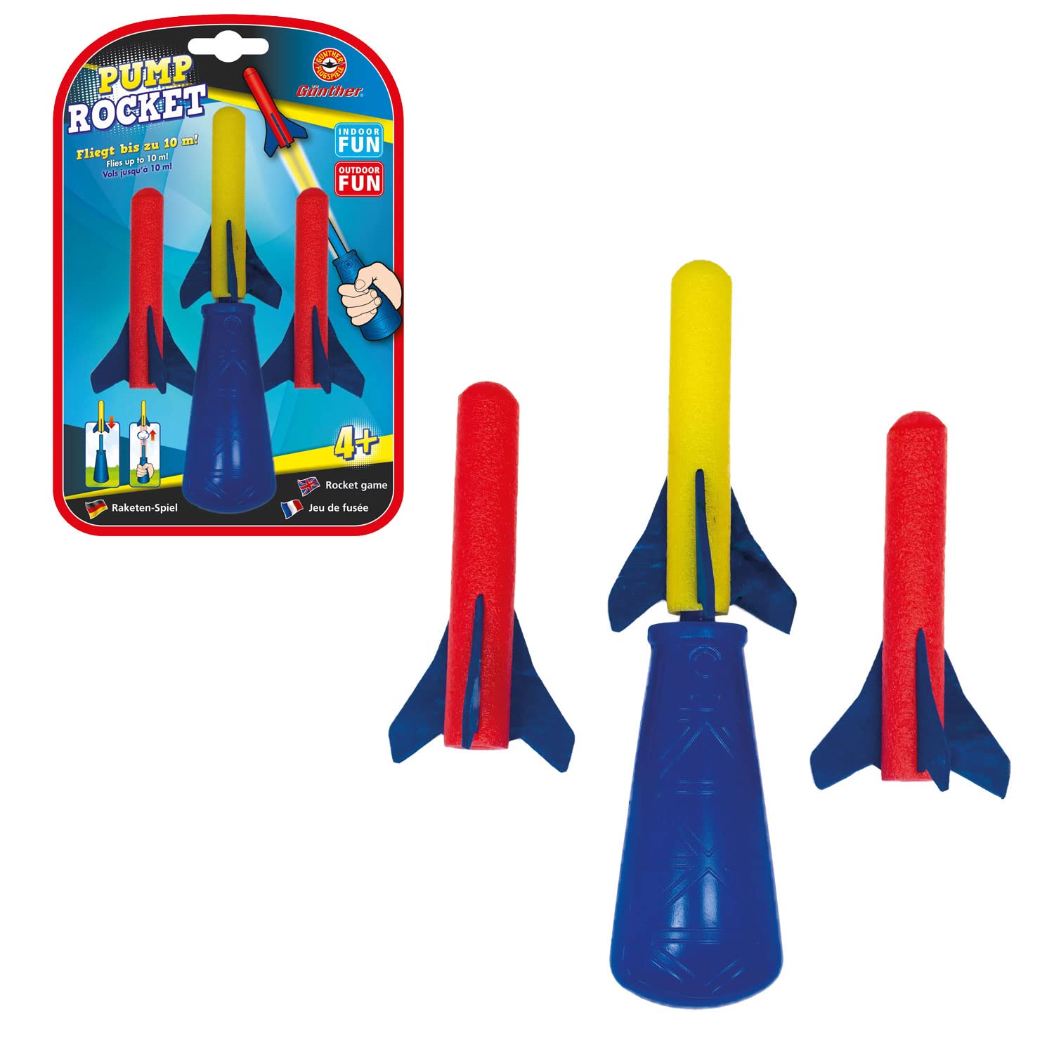 Günther Flugspiele 1557 - Raketenspiel Pump Rocket, ca. 15 x 8 cm, Wurfspiel mit 3 Schaumstoff-Raketen und Abschusspistole, Raketen Spielzeug für Kinder ab 4 Jahren, bis zu 10 m Reichweite Angebot bei HelloDeals