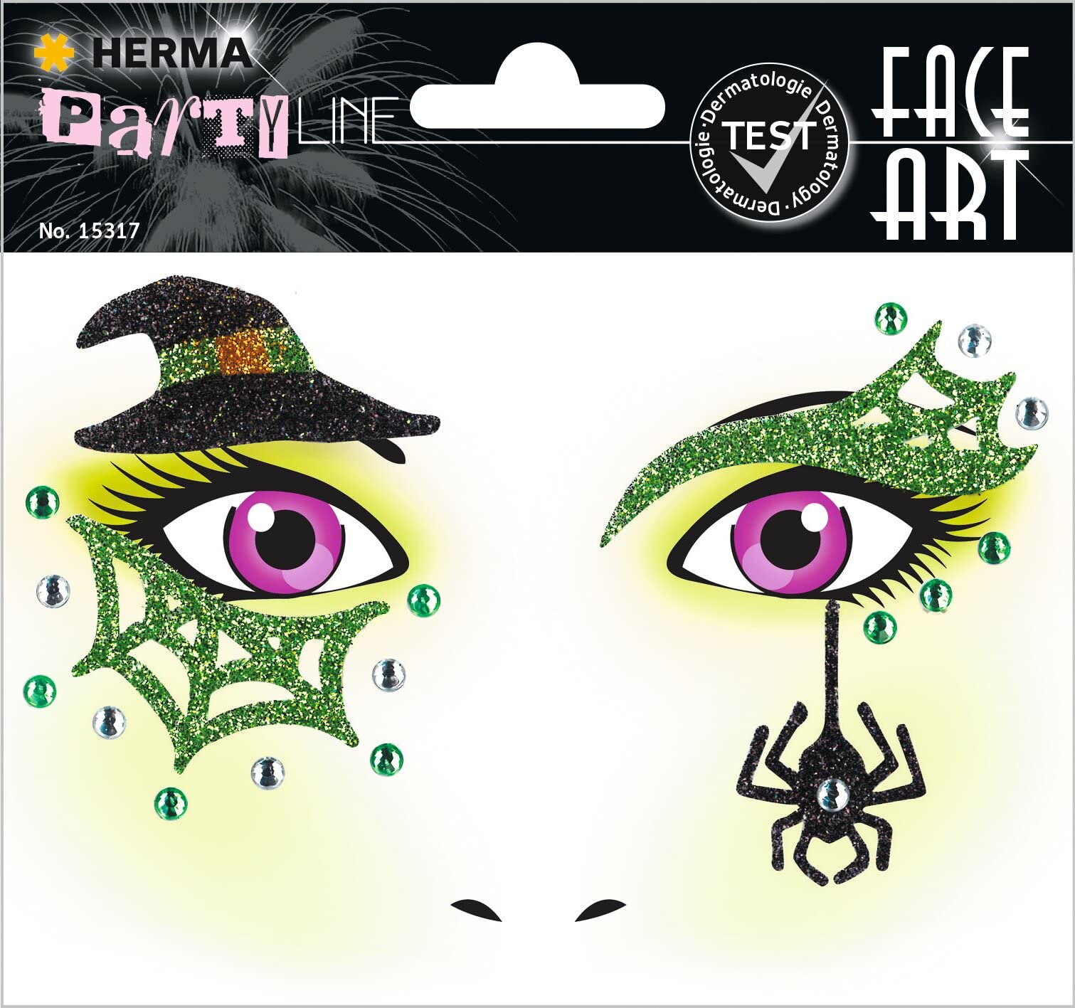 HERMA 15317 Face Art Sticker Hexe, dermatologisch getestet, ablösbare Glitzer Gesicht Aufkleber, temporäre Tattoos für Karneval Fasching Halloween Festival Kinder Geburtstag, grün Angebot bei HelloDeals