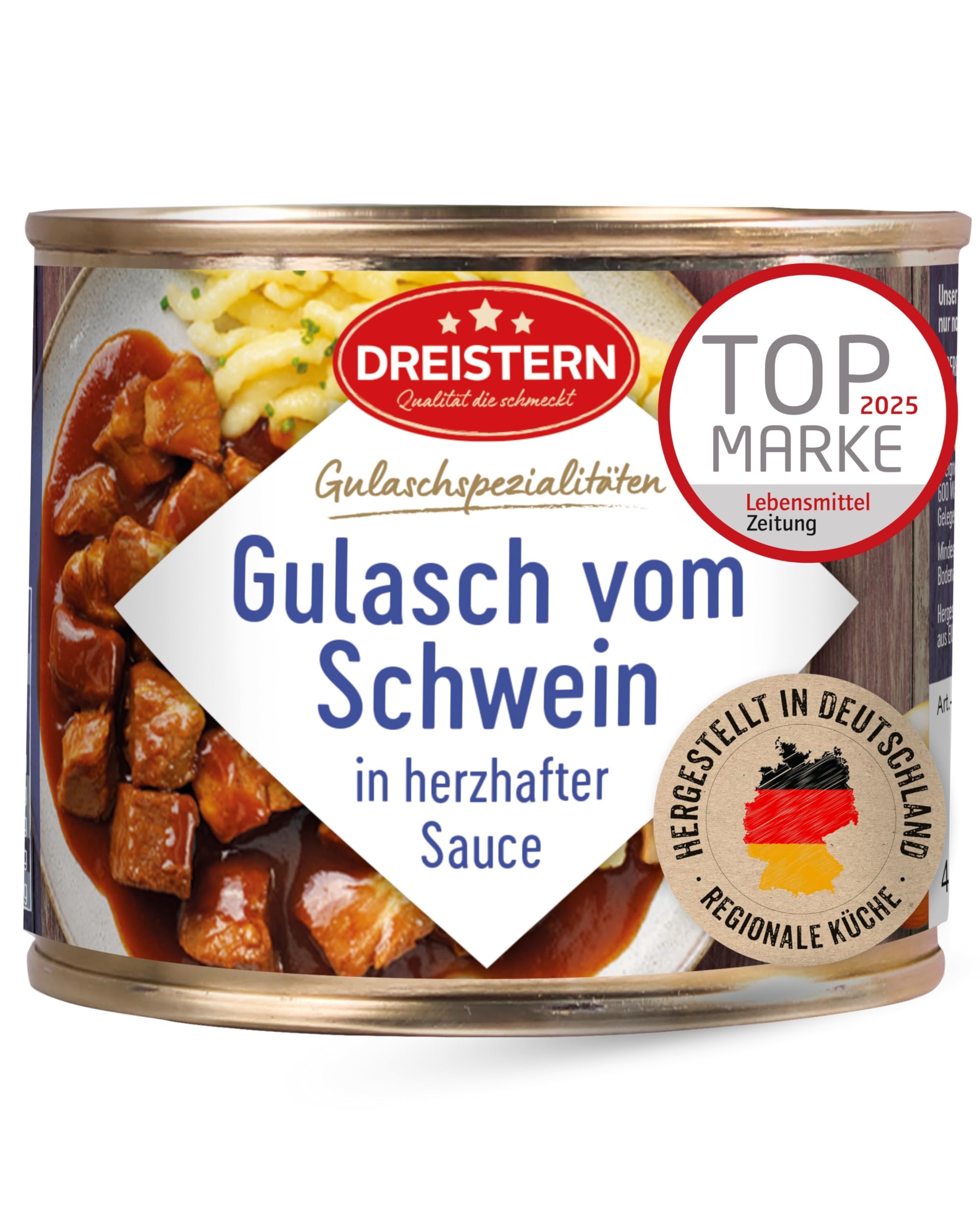 DREISTERN Schweinegulasch 500g I Mit pikanter Sauce I Herzhaftes Fertiggericht in recyclebarer Konservendose I Lange Haltbarkeit dank natürlicher Konservierung I Hausmacher Qualität Angebot bei HelloDeals