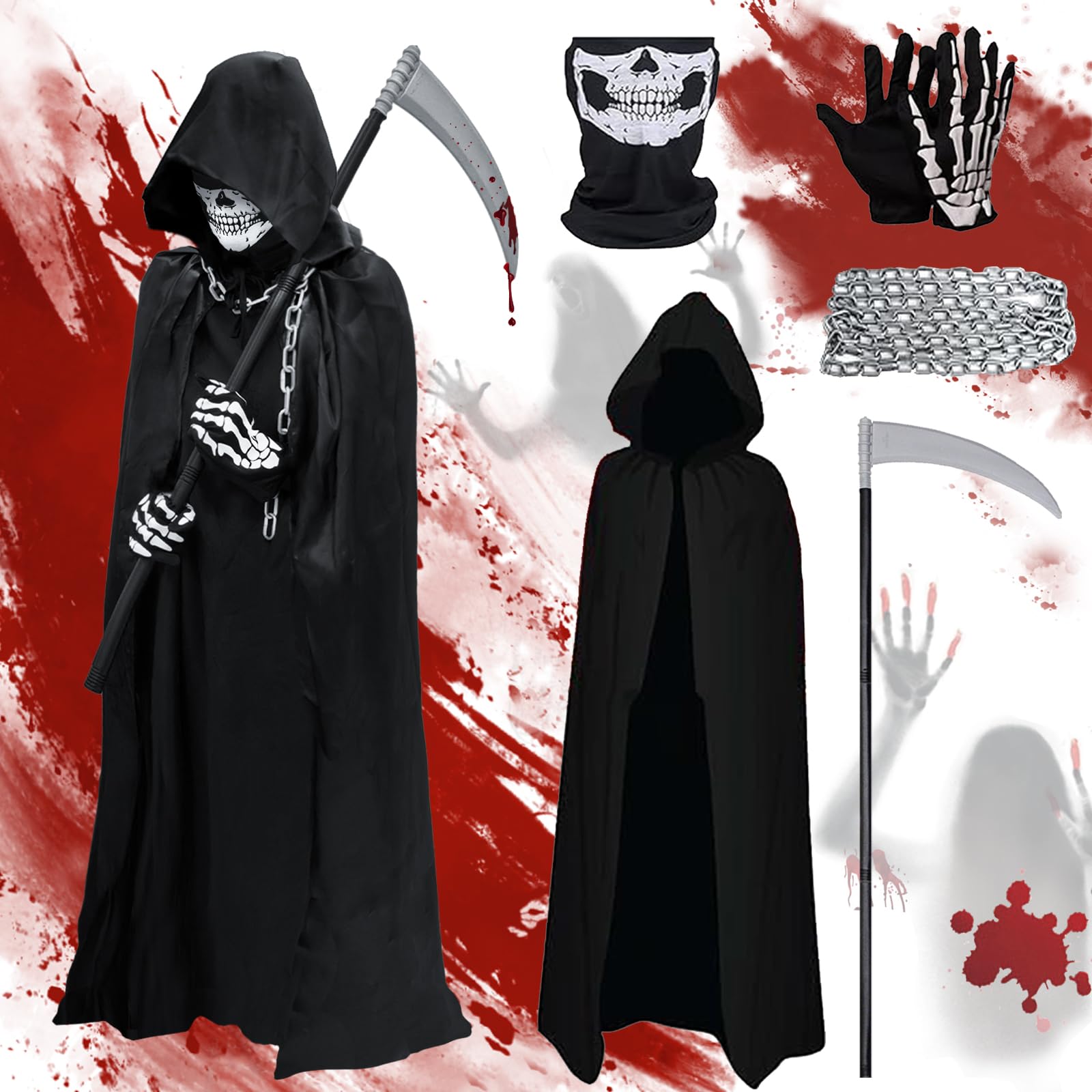 Luckeey Sensenmann Kostüm Kinder, Halloween Kostüm Kinder Jungen Mädchen 5 Pcs, Sensenmann Kostüm Umhang Sichel Schädelmaske SchädeHandschuhe und Kette Gürtel für Halloween Karnevals Party Cosplay Angebot bei HelloDeals