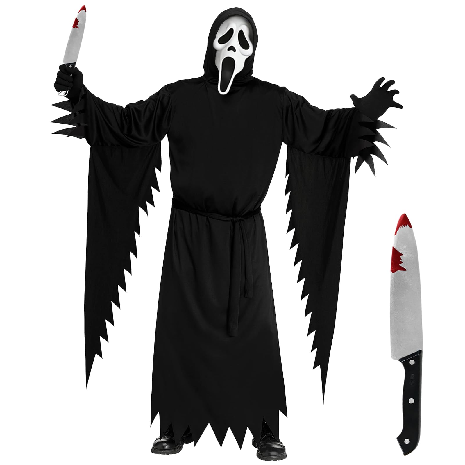 Axingqiwu 3 Stück Halloween Gruseliges Geistergesicht Scream Kostüm Set mit Spielzeugmesser und Maske Cosplay Angebot bei HelloDeals