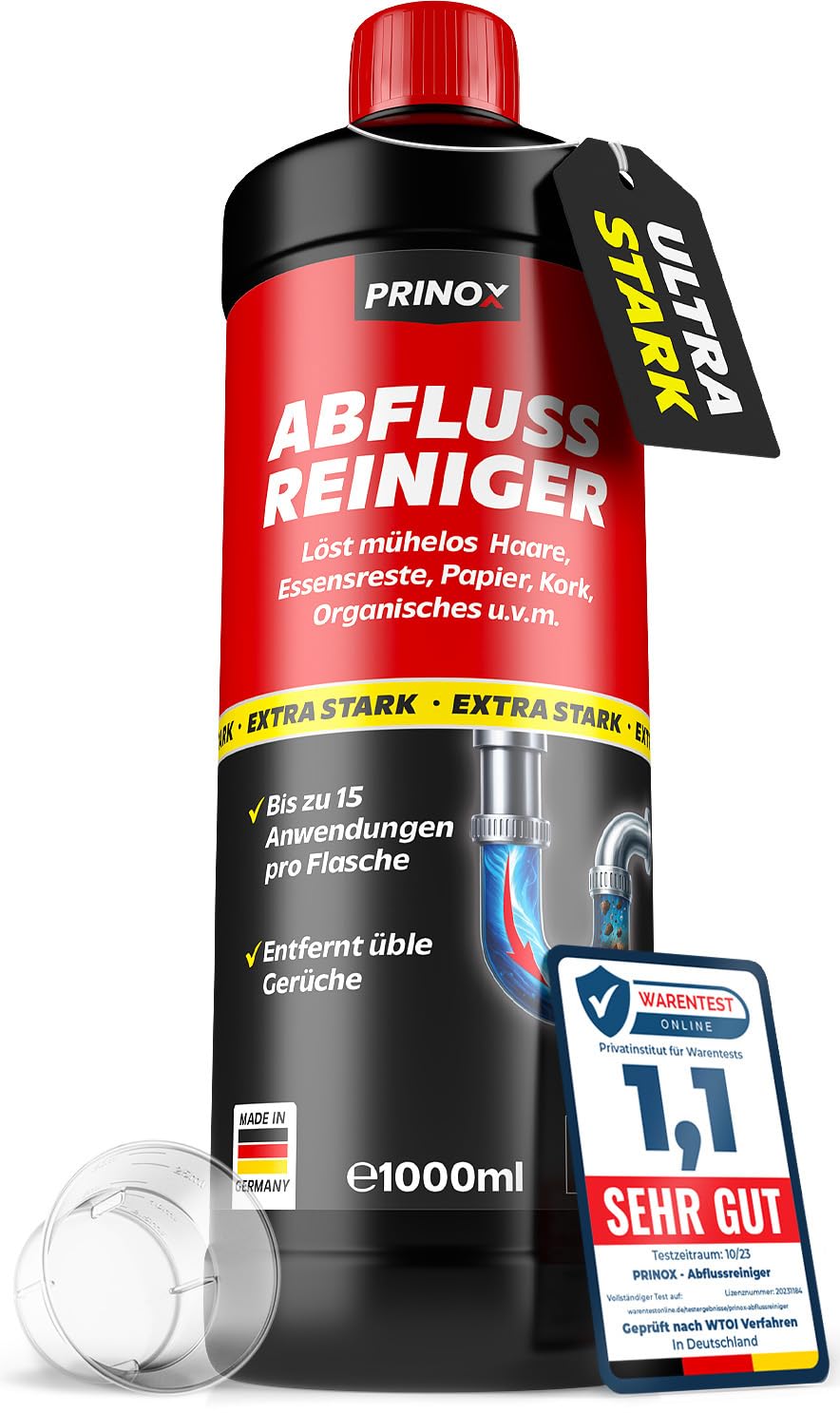 PRINOX Abflussreiniger 1000ml EXTRA STARK - Profi Rohrreiniger löst Haare, Essensreste & schwerste Verstopfungen - Rohrfrei gegen hartnäckige Verstopfungen & üble Gerüche - Biologisch abbaubar 1er (1 x 1L) Angebot bei HelloDeals