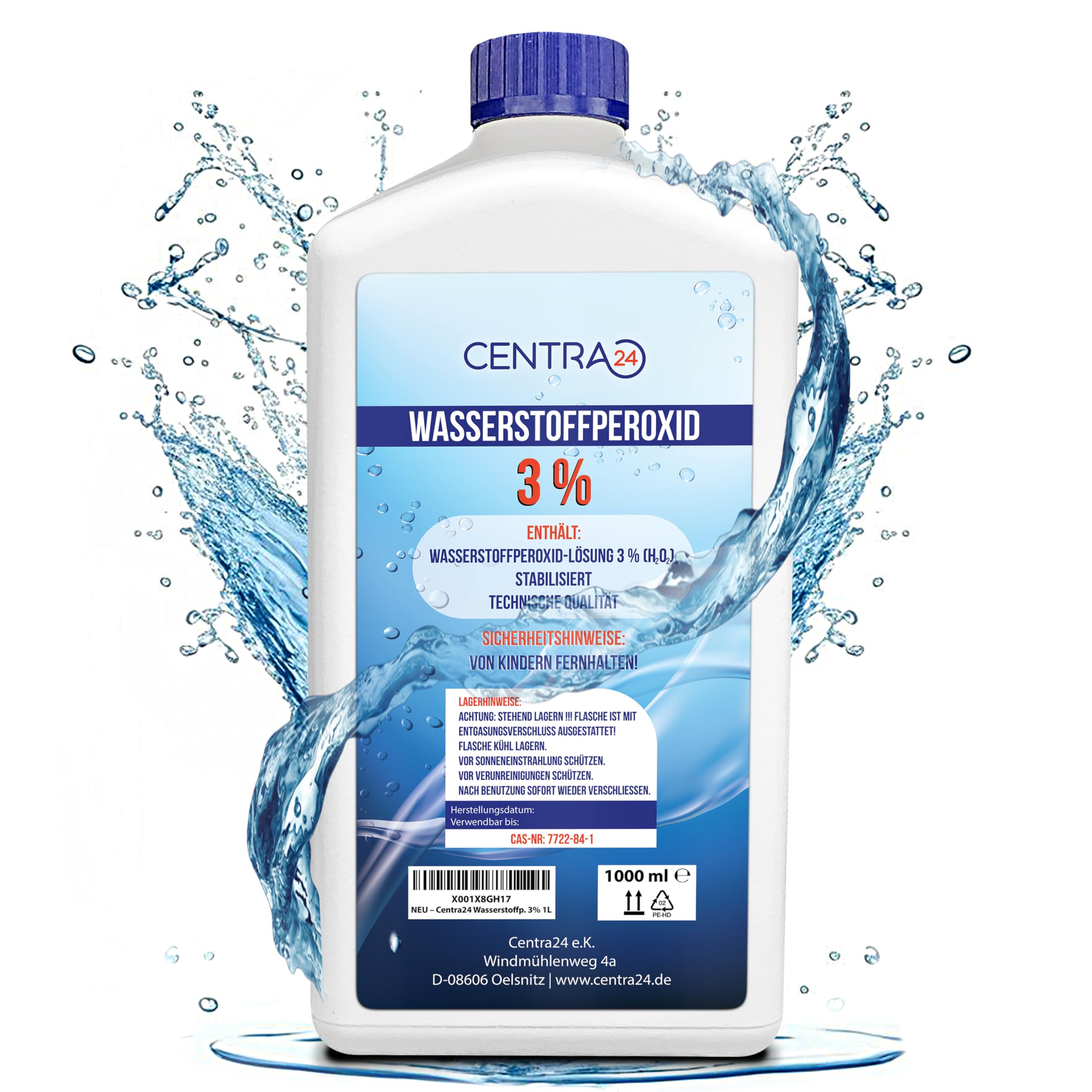 Centra24 Wasserstoffperoxid 3% 1000ml - Immer Frisch, stabilisiert, technisch - mit Entgasungsverschluss, Labor, Experiment, Bleichen 3% - 1 Liter Angebot bei HelloDeals