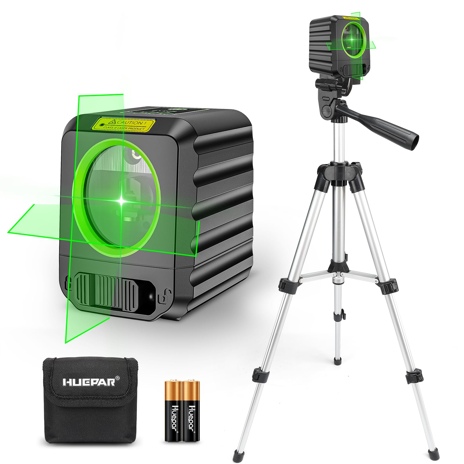 DIY Kreuzlinienlaser mit Stativ, Huepar 30M selbstnivellierendes Laserwasserwaagenwerkzeug, grüner Kreuzlinienlaser zum Aufhängen von Bildern, Fliesen, Bauprojekten, Batterie und Tragetasche inklusive B011G (H110° / V110°)mit Stativ Angebot bei HelloDeals