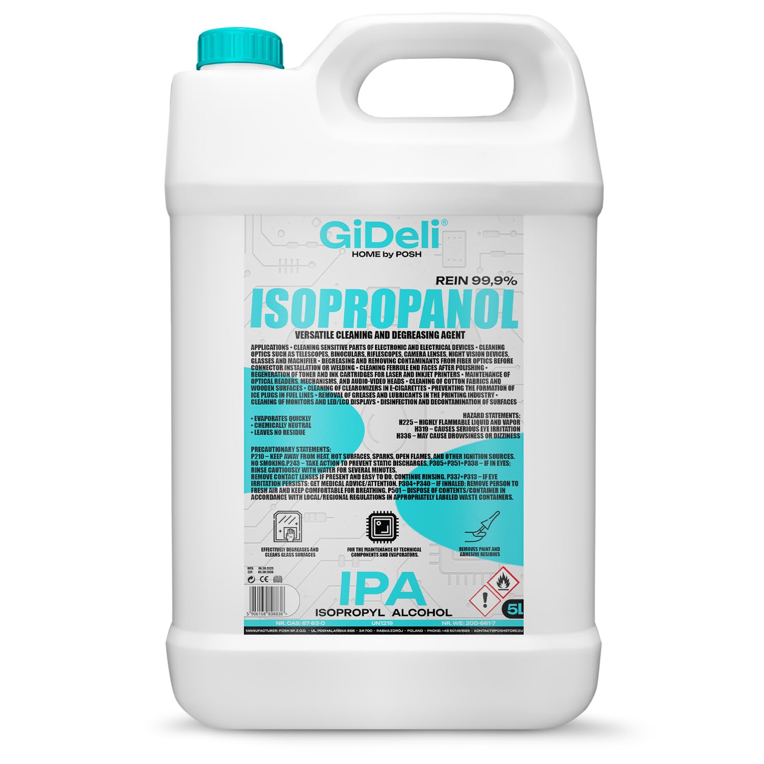 GiDeli Isopropanol 99,9% 5l - Isopropylalkohol Reiniger Hochprozentiger - Reinigungsalkohol für Elektronik, 3d Drucker zubehör, Glass, Bildschirmen und Linsen Angebot bei HelloDeals