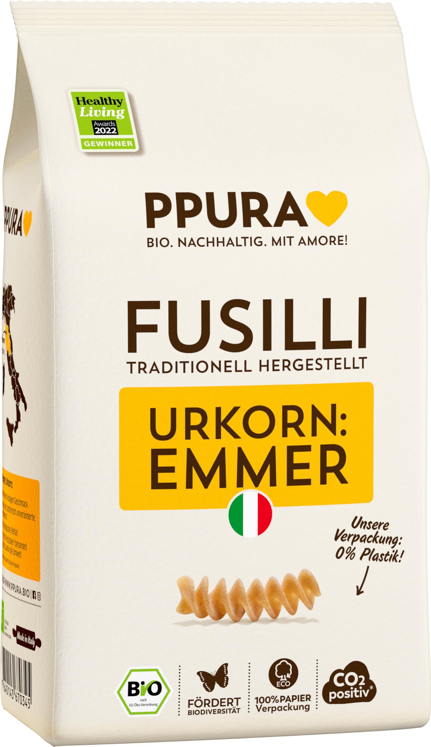 PPURA Bio Fusilli Emmer Pasta 500 g, 100% natürliche Spiralnudeln aus dem Urkorn Emmer, Made in Italy - italienische Nudeln ohne Zusatz-, Farb- oder Konservierungsstoffe Nussigen 500 g (1er Pack) Angebot bei HelloDeals