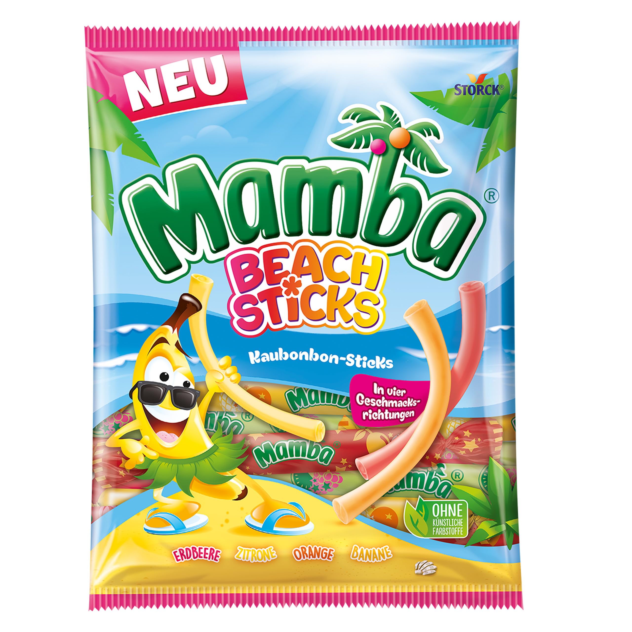 Mamba Beach Sticks – 1 x 160g – Fruchtige Kaubonbon-Stangen in vier verschiedenen Sorten – Fruchtgummi Mix einzeln verpackt Beach Sticks 1 x 160g Angebot bei HelloDeals