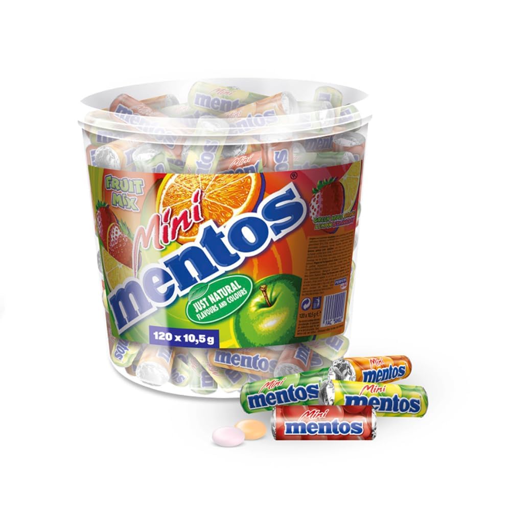 Mentos Mini Fruit Mix Bucket, Eimer mit 120 mini Rollen à 5 Frucht-Dragees, Kaubonbons in den Sorten Orange, Erdbeere, Apfel & Zitrone (120 mini Rollen), vegan Angebot bei HelloDeals