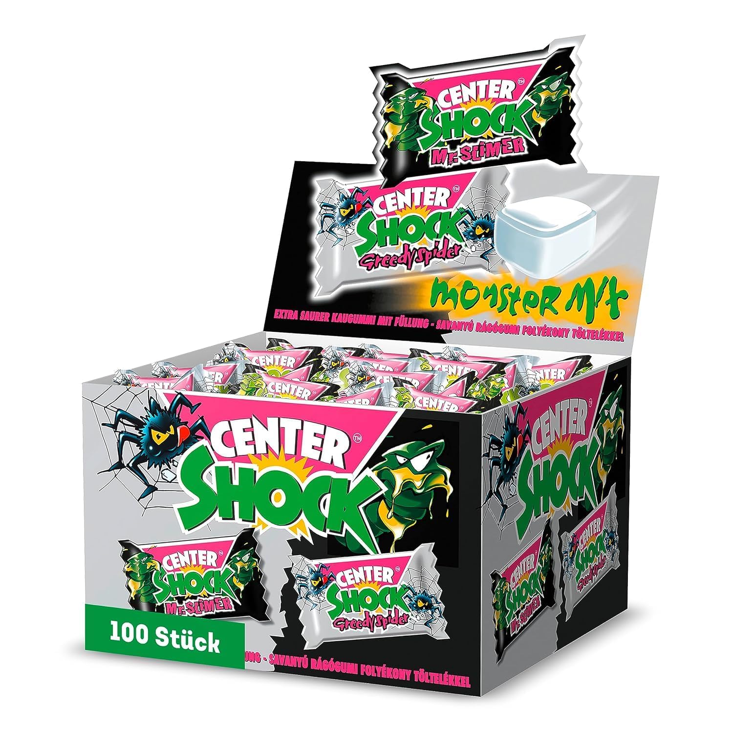 Center Shock Monster Mix, Box mit 100 Kaugummis, extra-sauer mit Cola- & Blutorangen-Geschmack, geeignet für Geburtstag, Pinata, Weihnachten & Halloween, 400g Angebot bei HelloDeals