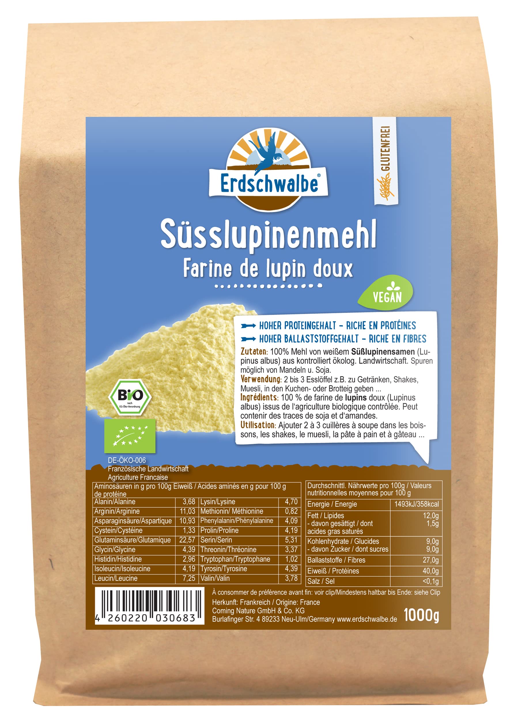 Erdschwalbe Bio Süsslupinenmehl - garantiert glutenfrei aus Frankreich - Veganes Eiweißpulver - 1 Kg Angebot bei HelloDeals
