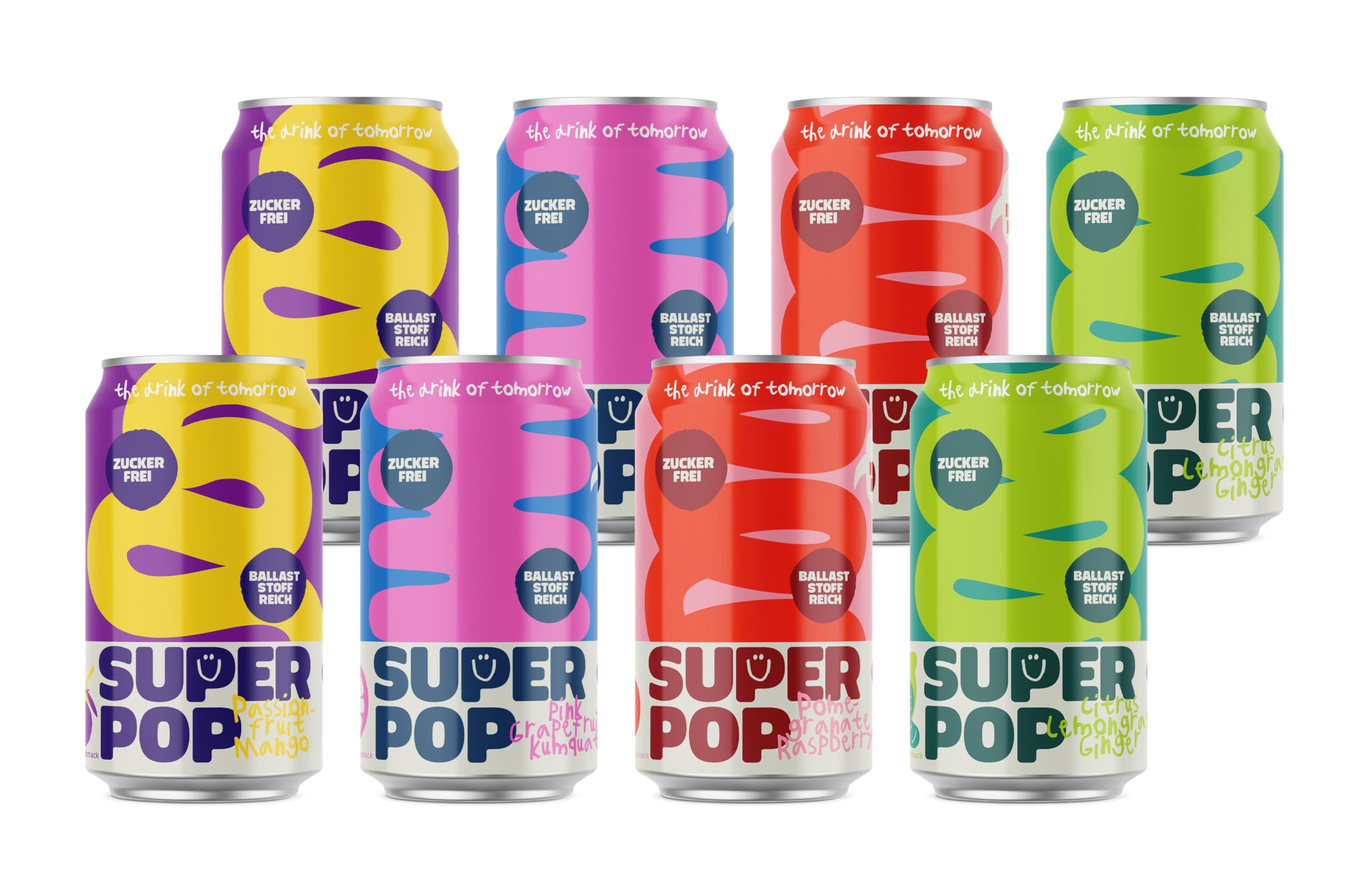 SUPER POP Variety Pack, Pink Grapefruit-Kumquat, Granatapfel-Himbeere, Passionsfrucht-Mango, Zitrus-Lemongras-Ingwer, 330ml Dosen, inkl. Pfand EINWEG, 8er-Pack Angebot bei HelloDeals