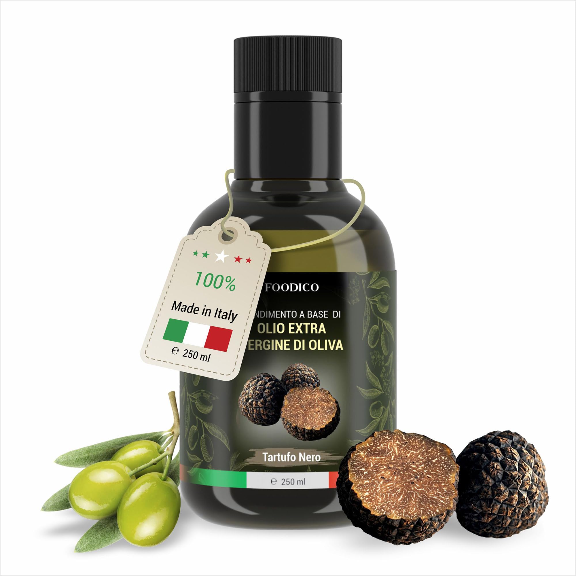 Foodico Trüffelöl – Italienisches Olivenöl Extra Vergine mit schwarzem Trüffel | Kaltgepresst & intensiv im Geschmack | Gourmetöl für Pasta, Fleisch & Risotto | 250ml Glasflasche Olivenöl mit schwarzem Trüffel Angebot bei HelloDeals