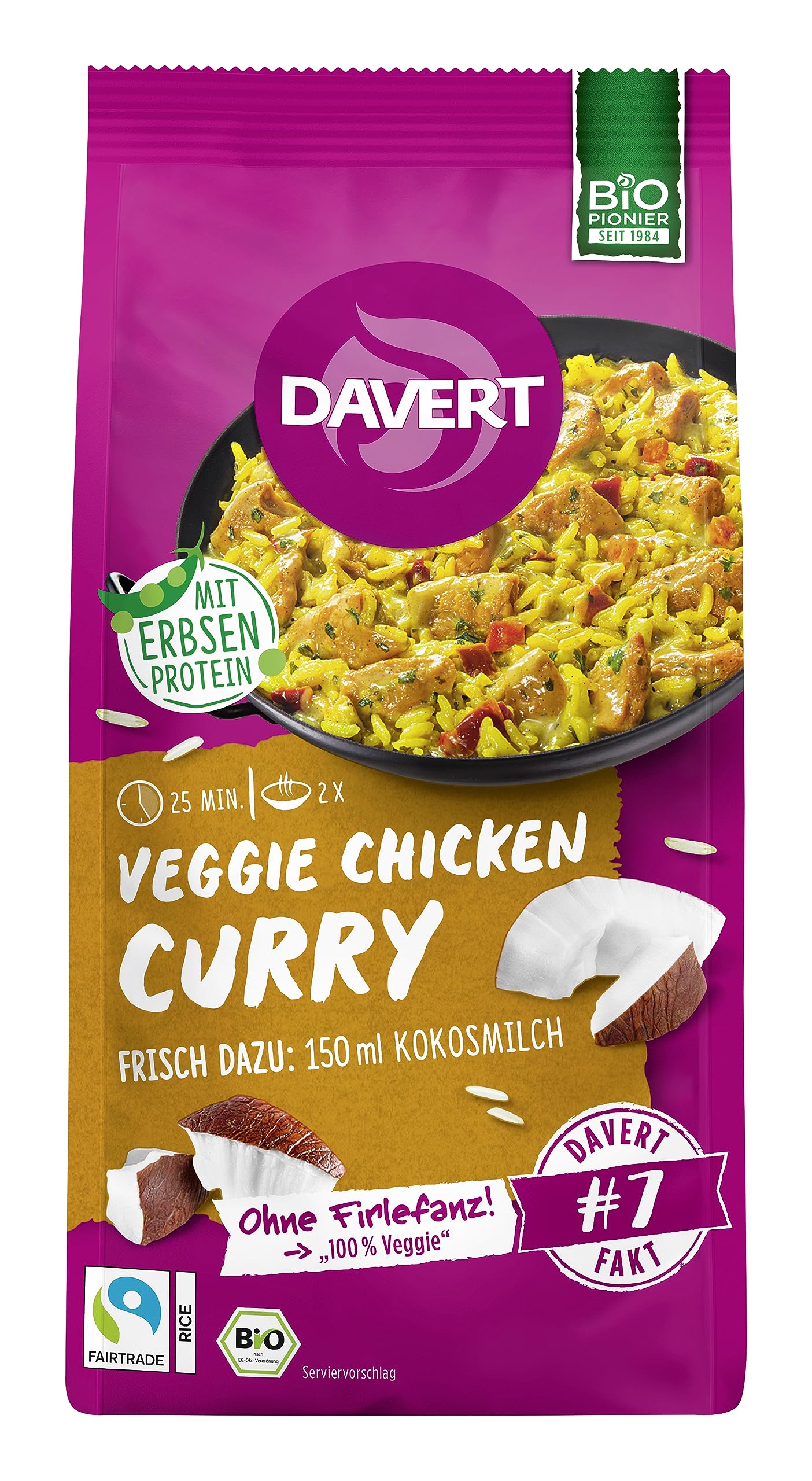 Davert Veggie Chicken Curry mit Fairtrade Reis 120g Würziges Curry mit Fairtrade- Reis und Chunks aus Erbsen und Ackerbohnen 100% Davert Bio-Qualität (1 x 120g) 120 g (1er Pack) Angebot bei HelloDeals