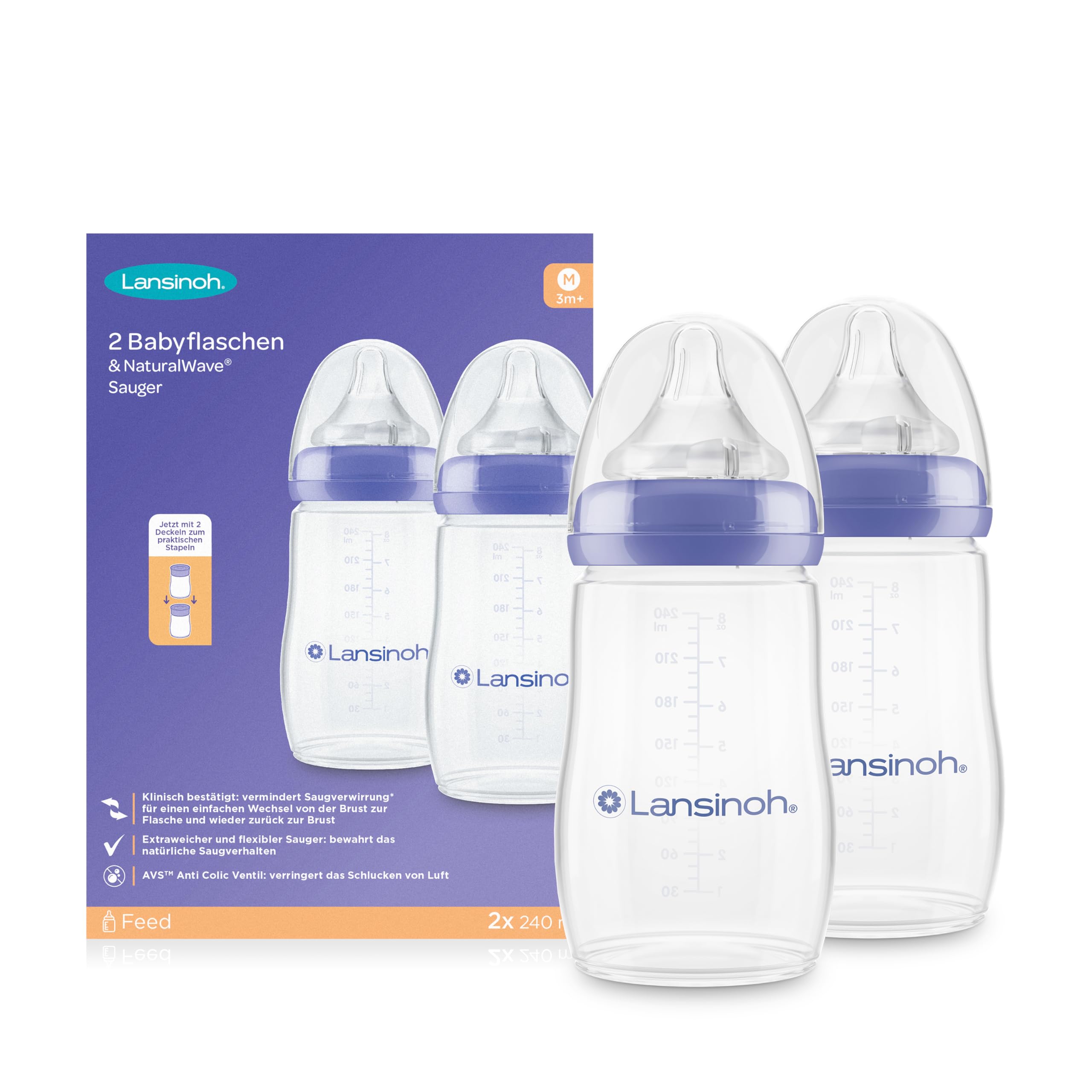Lansinoh Babyflaschen mit NaturalWave Sauger Gr. M, 240 ml - Doppelpack - neues kompaktes Design für verbesserte Stabilität - mit stapelbarem Deckel Single Angebot bei HelloDeals