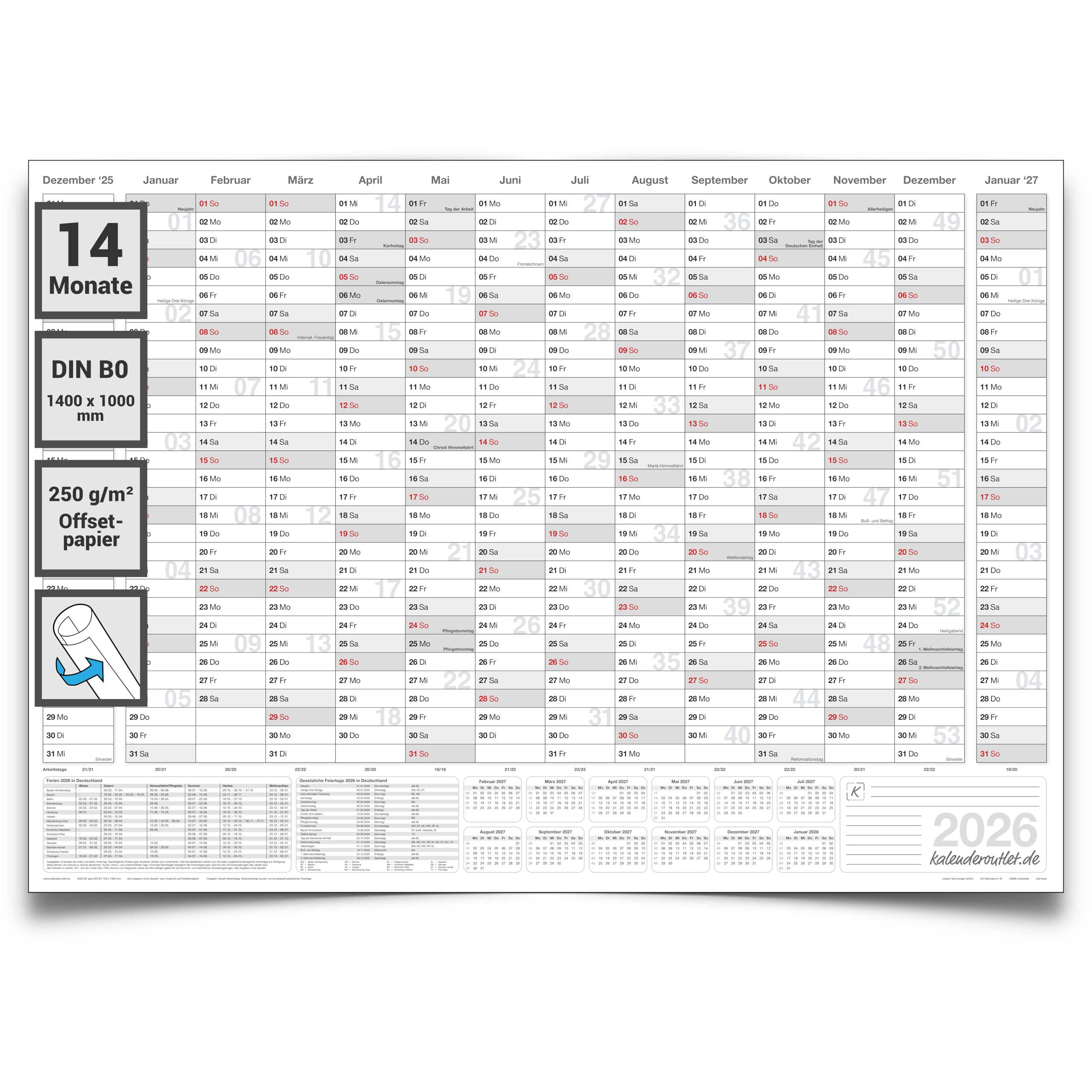 XXXL Jahresplaner 2026 DIN B0 – Wandkalender 14 Monate, 140x100cm grau – großer Wandplaner, gerollt, 250g Papier, auf Deutsch – Jahreskalender Büro & Zuhause von Kalenderoutlet® DIN B0 140,0 x 100,0 cm Angebot bei HelloDeals