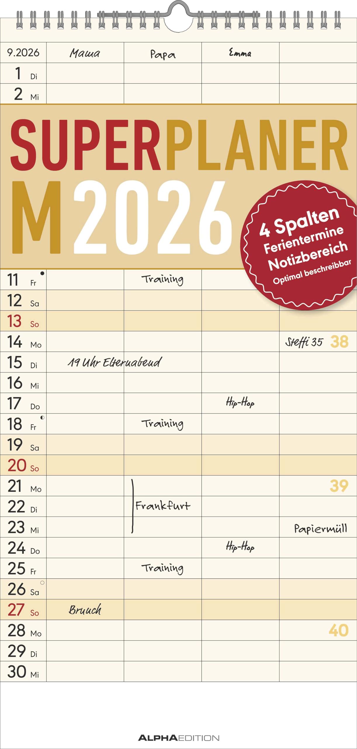 Alpha Edition - Superplaner M - Familienkalender 2026 – 22x45 cm – Farbenfroher Familien-Timer mit 4 Spalten & zusätzlichem Notizbereich – Ferienterminen – Perfekt für Familienorganisation Angebot bei HelloDeals