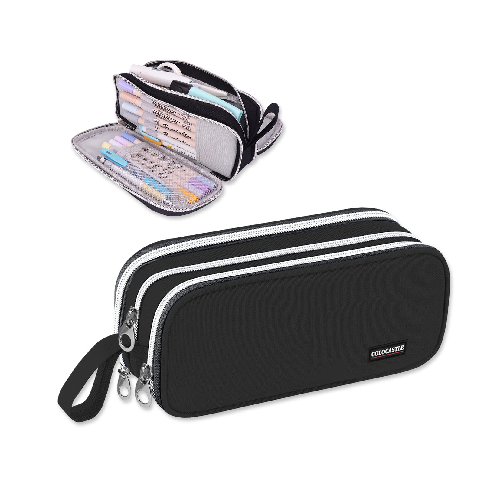 COLOCASTLE Federmäppchen Mäppchen Federmappe groß mit 3 Fächern Federtasche Mädchen Jungen Teenager Pencil Case Schlamppermäppchen für Schule Büro (Schwarz) Angebot bei HelloDeals