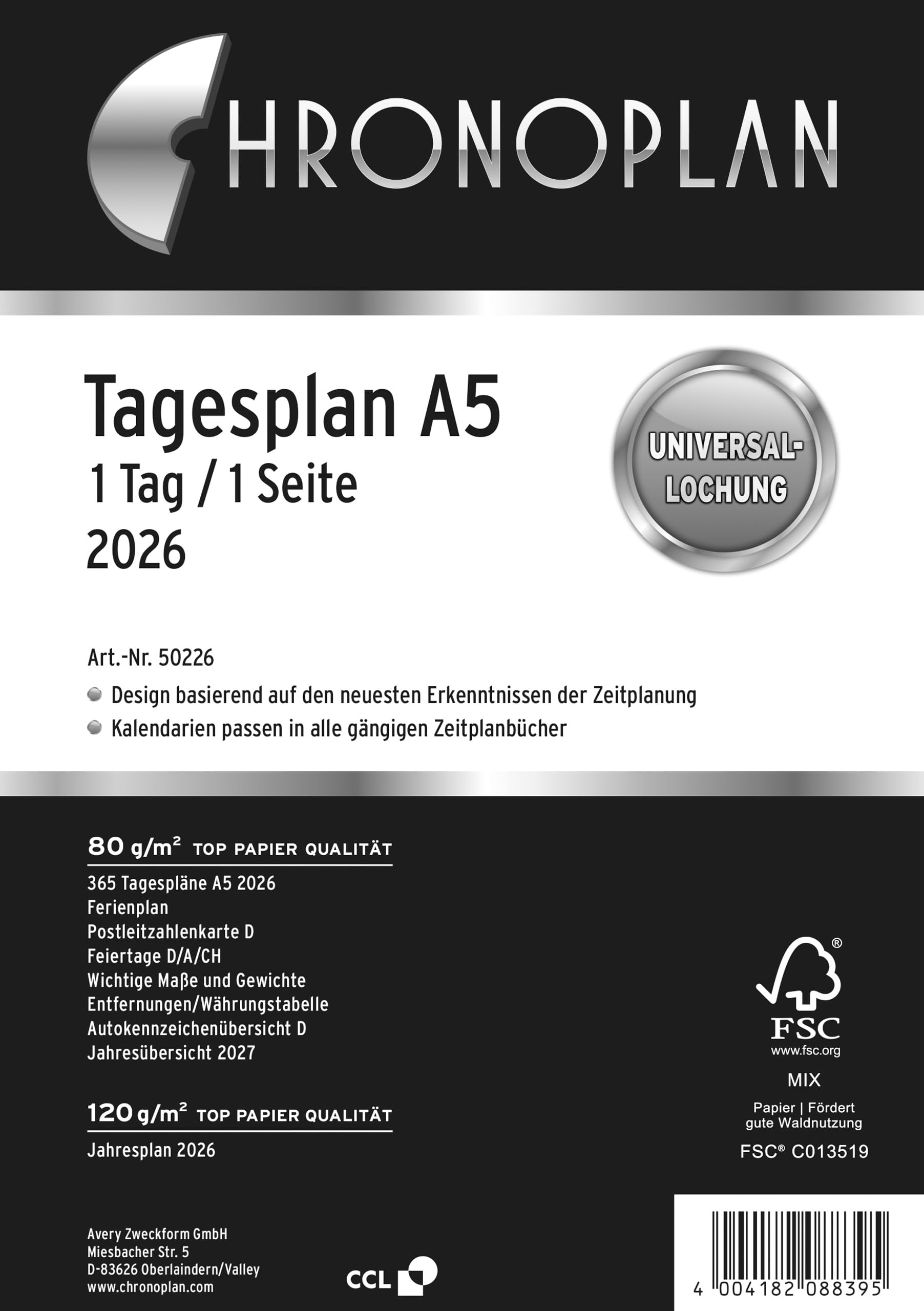 Chronoplan 50226 Kalendereinlage 2026 (Tagesplan A5 (148x210mm), Ersatzkalendarium für Terminplaner, Tagesplaner, ideal für detaillierte Tagesplanung, 1 Tag auf 1 Seite, mit Universallochung) weiß 2026 A5 Angebot bei HelloDeals