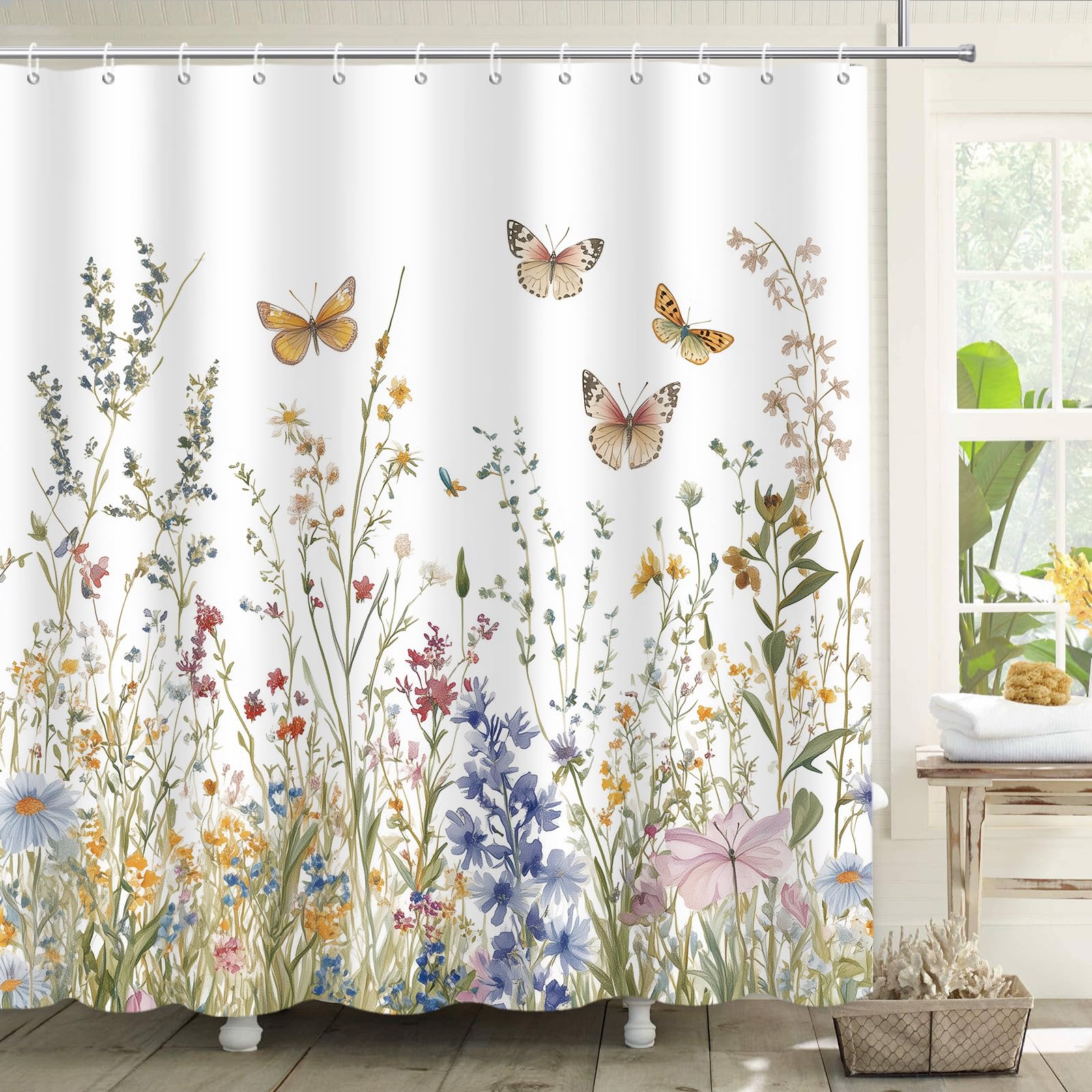 APROPHIC Duschvorhang Blumen 180x180, Schmetterling Duschvorhänge für Badezimmer, Pflanzen Badewanne, Wasserdicht Duschvorhang Textil mit 12 Haken, Maschinenwaschbar Schmetterlinge-5 Angebot bei HelloDeals