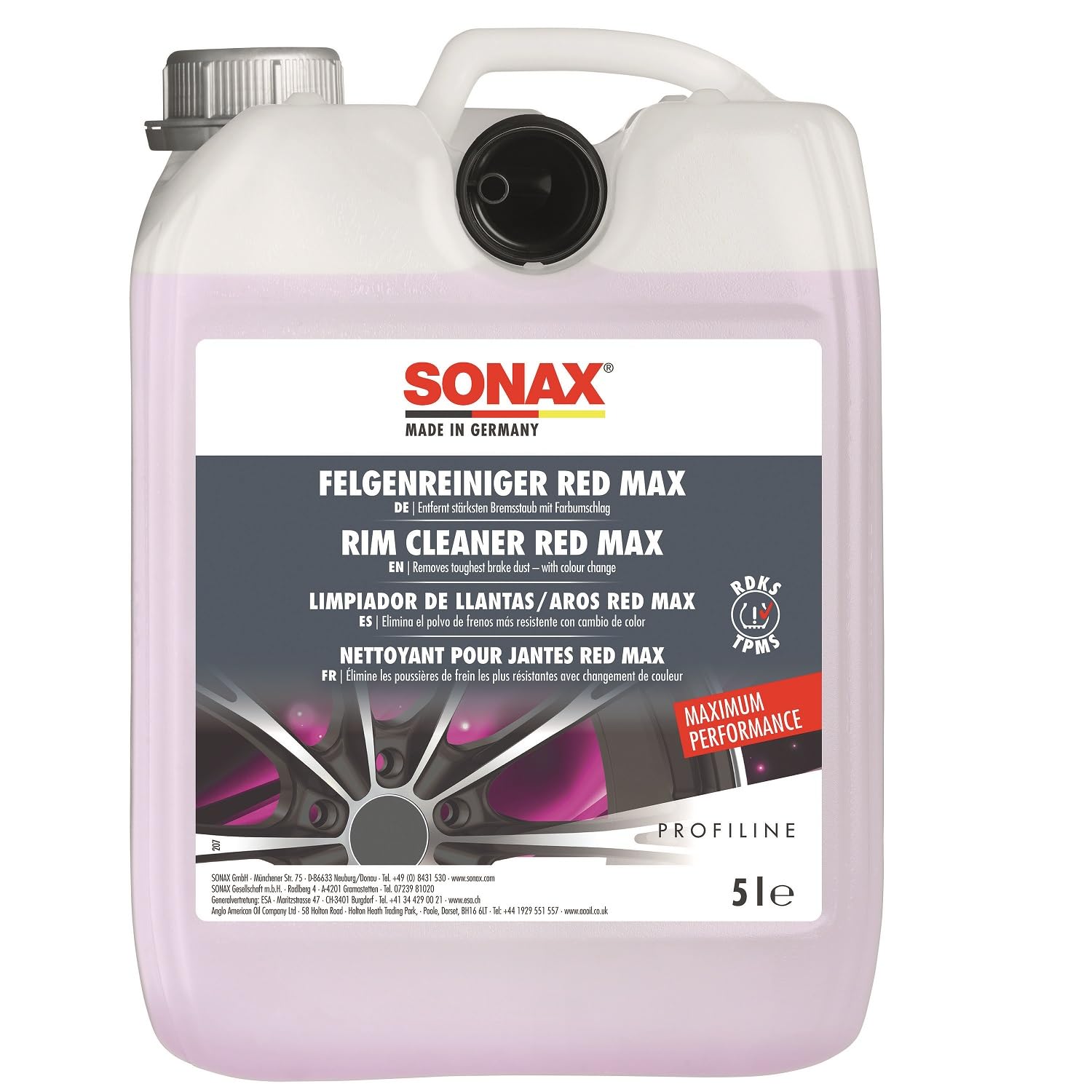 SONAX PROFILINE FelgenReiniger Red Max (5 Liter) entfernt stärksten Bremsstaub mit Farbumschlag | Art-Nr. 02315050 5 Liter Single Angebot bei HelloDeals